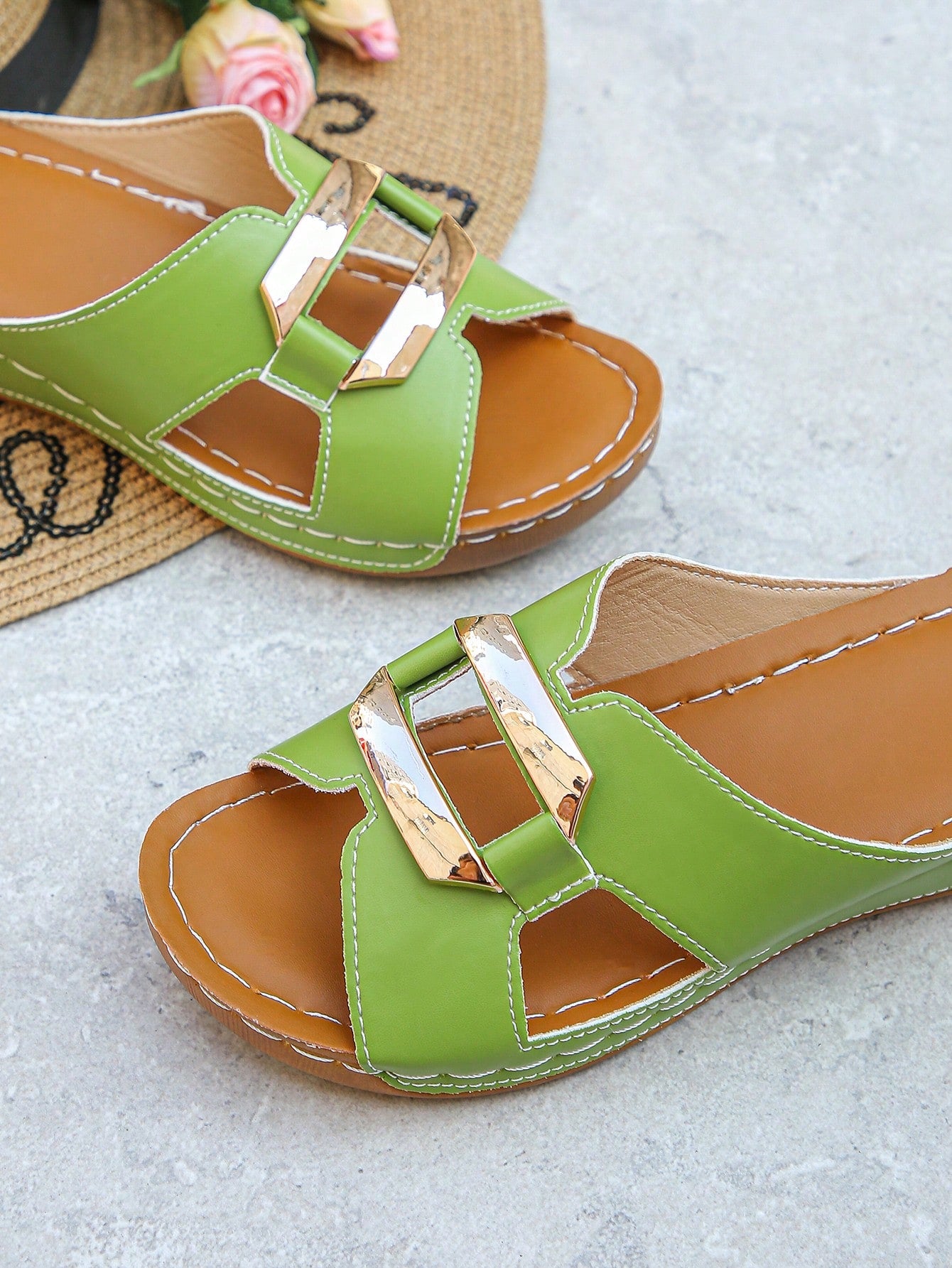 Women’s open toe wedge slide sandals with metal buckle detail and thick low wedge sole, lightweight slip-on style for daily wear, beach, and holiday use.