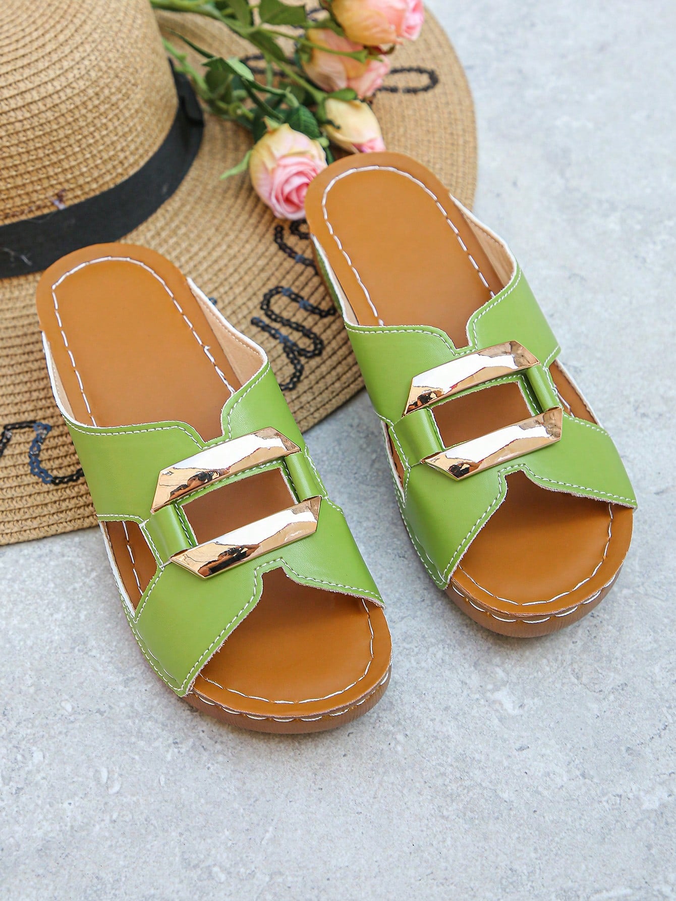 Women’s open toe wedge slide sandals with metal buckle detail and thick low wedge sole, lightweight slip-on style for daily wear, beach, and holiday use.