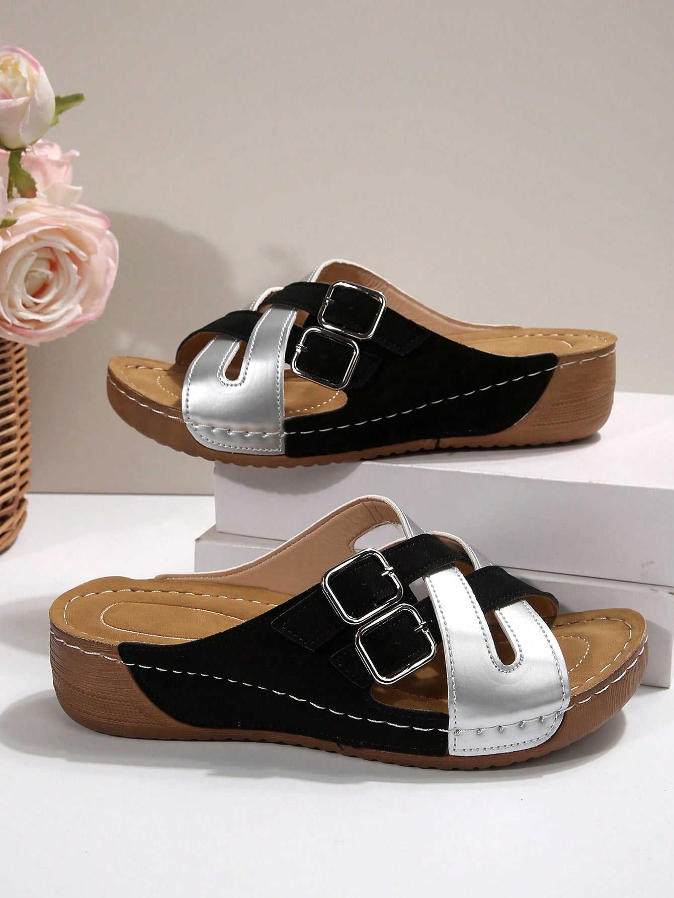 Women's slip-on beach wedge slide sandals with open toe, thick sole, criss-cross straps, and buckle detail