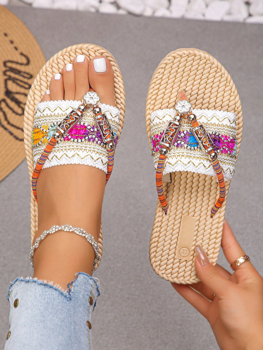White flower Y2K flat slide sandals with toe post, beaded and embroidered woven-look fabric upper