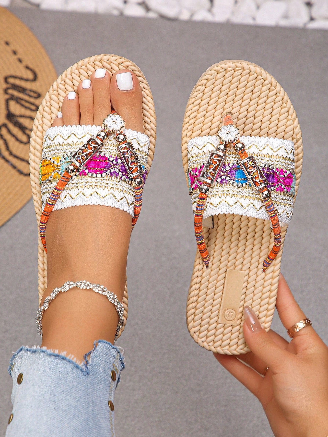 White flower Y2K flat slide sandals with toe post, beaded and embroidered woven-look fabric upper