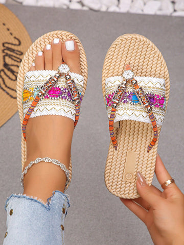 White flower Y2K flat slide sandals with toe post, beaded and embroidered woven-look fabric upper