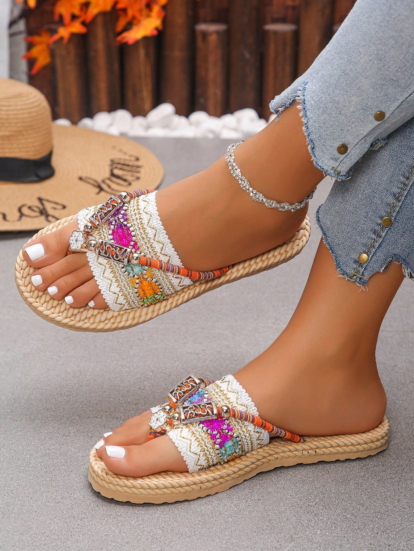 White flower Y2K flat slide sandals with toe post, beaded and embroidered woven-look fabric upper