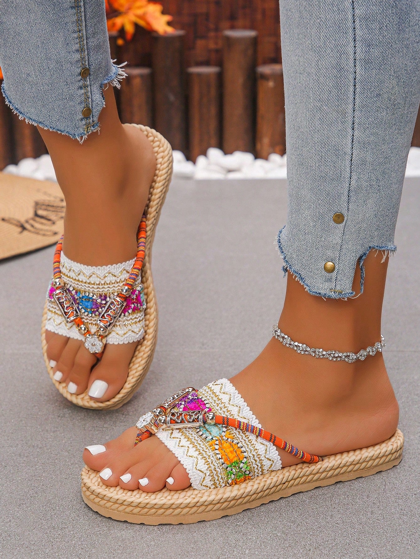 White flower Y2K flat slide sandals with toe post, beaded and embroidered woven-look fabric upper