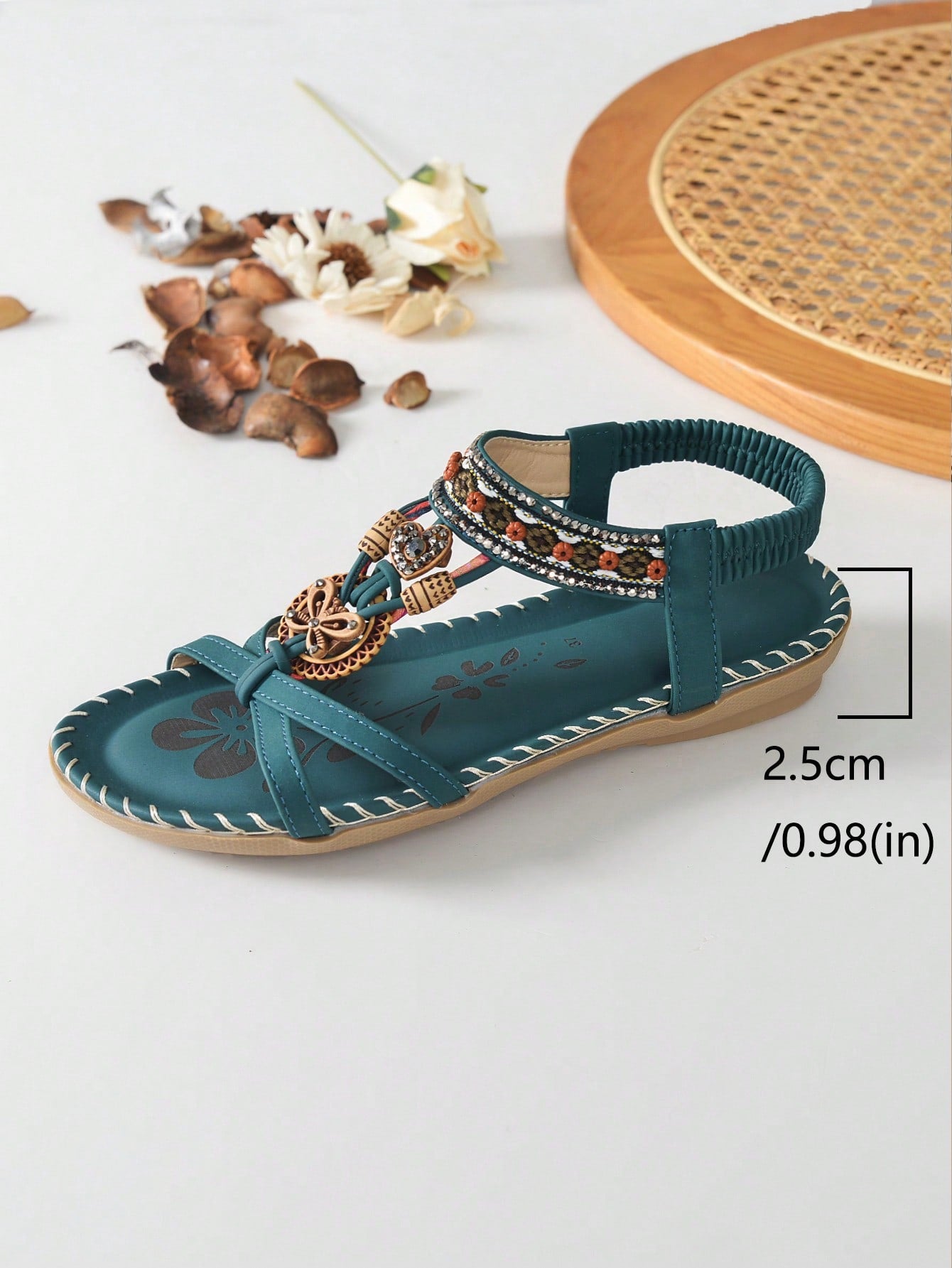 Women's malachite green bohemian flat thong sandals with rhinestone toe ring and slip-on design for beach and summer wear