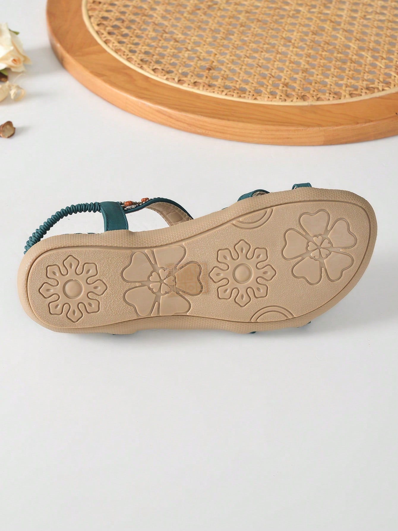 Women's malachite green bohemian flat thong sandals with rhinestone toe ring and slip-on design for beach and summer wear