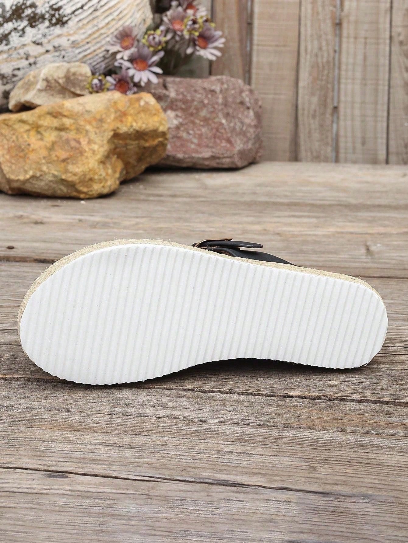 Women's thick sole flip flop sandals with adjustable buckle strap, toe post design, and flatform mid heel in a casual vacation style.