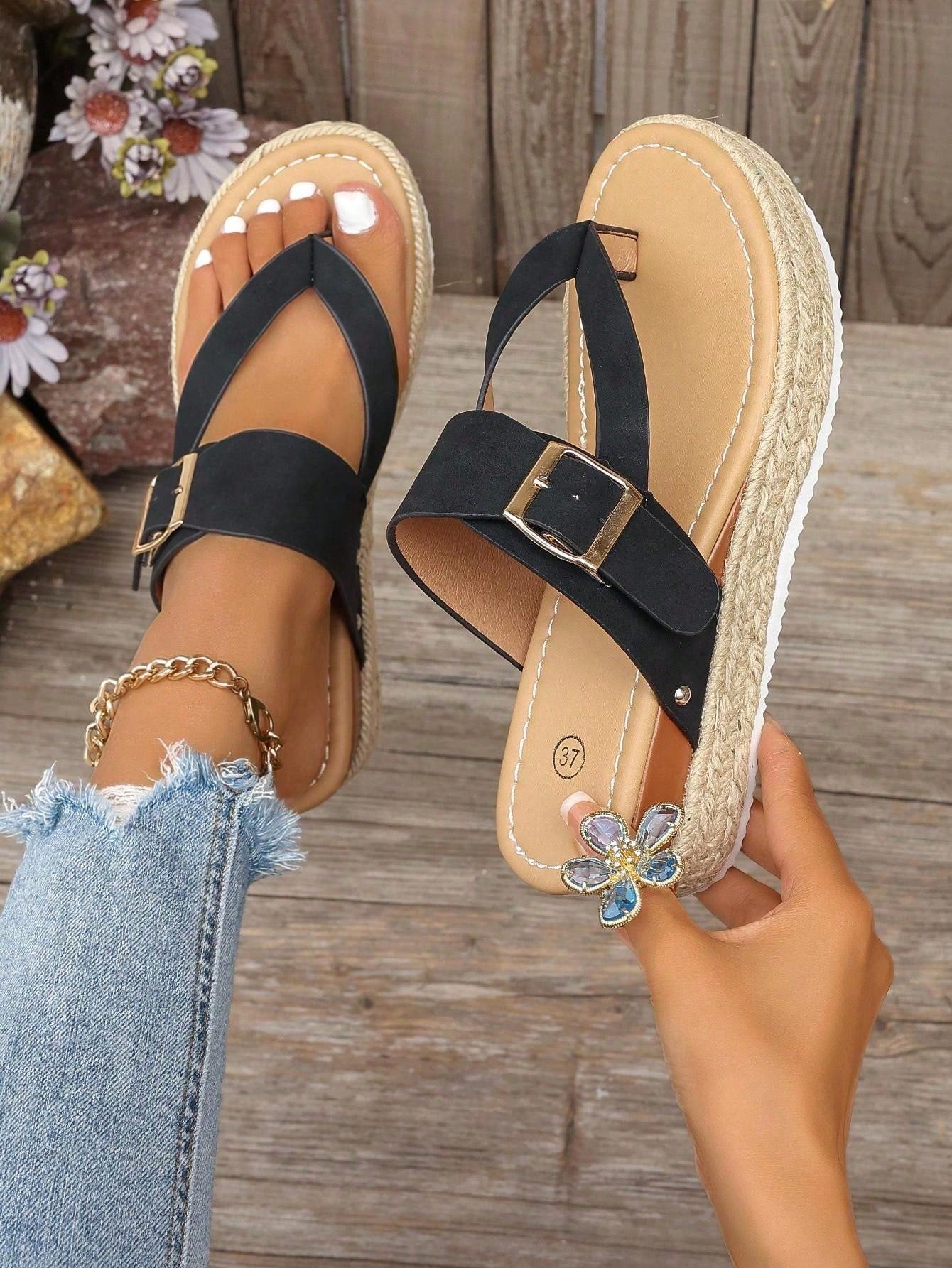 Women's thick sole flip flop sandals with adjustable buckle strap, toe post design, and flatform mid heel in a casual vacation style.