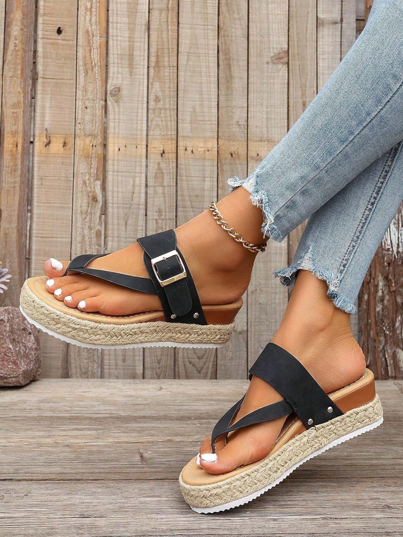 Women's thick sole flip flop sandals with adjustable buckle strap, toe post design, and flatform mid heel in a casual vacation style.