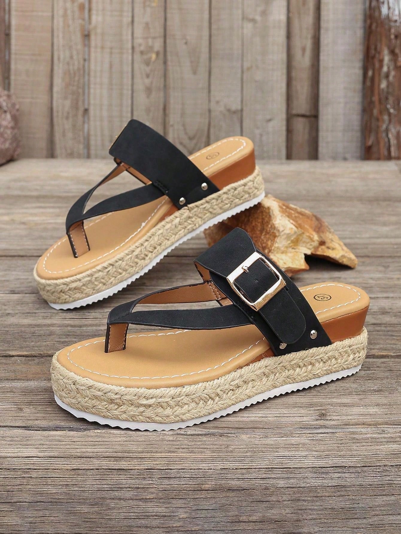 Women's thick sole flip flop sandals with adjustable buckle strap, toe post design, and flatform mid heel in a casual vacation style.