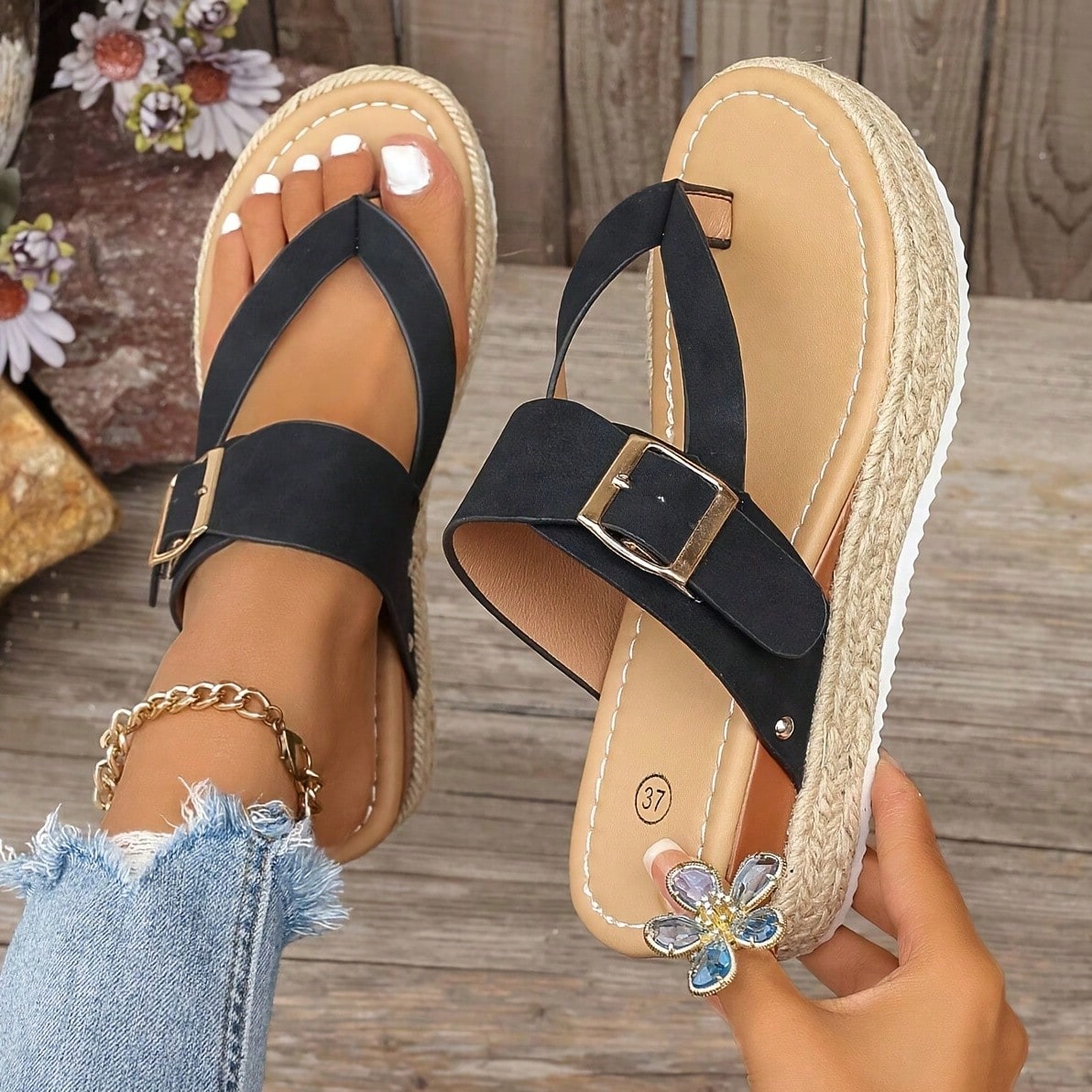 Women's thick sole flip flop sandals with adjustable buckle strap, toe post design, and flatform mid heel in a casual vacation style.