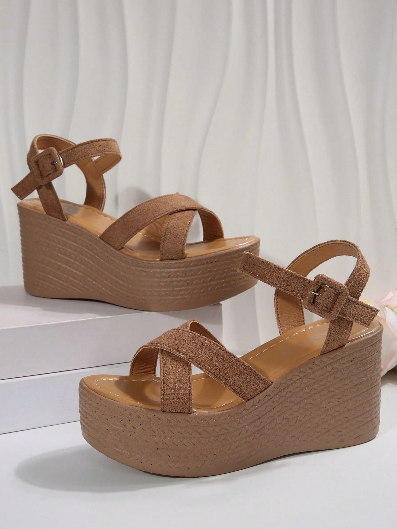 Women's khaki brown platform wedge sandals with open toe, ankle buckle strap, and high heel slope