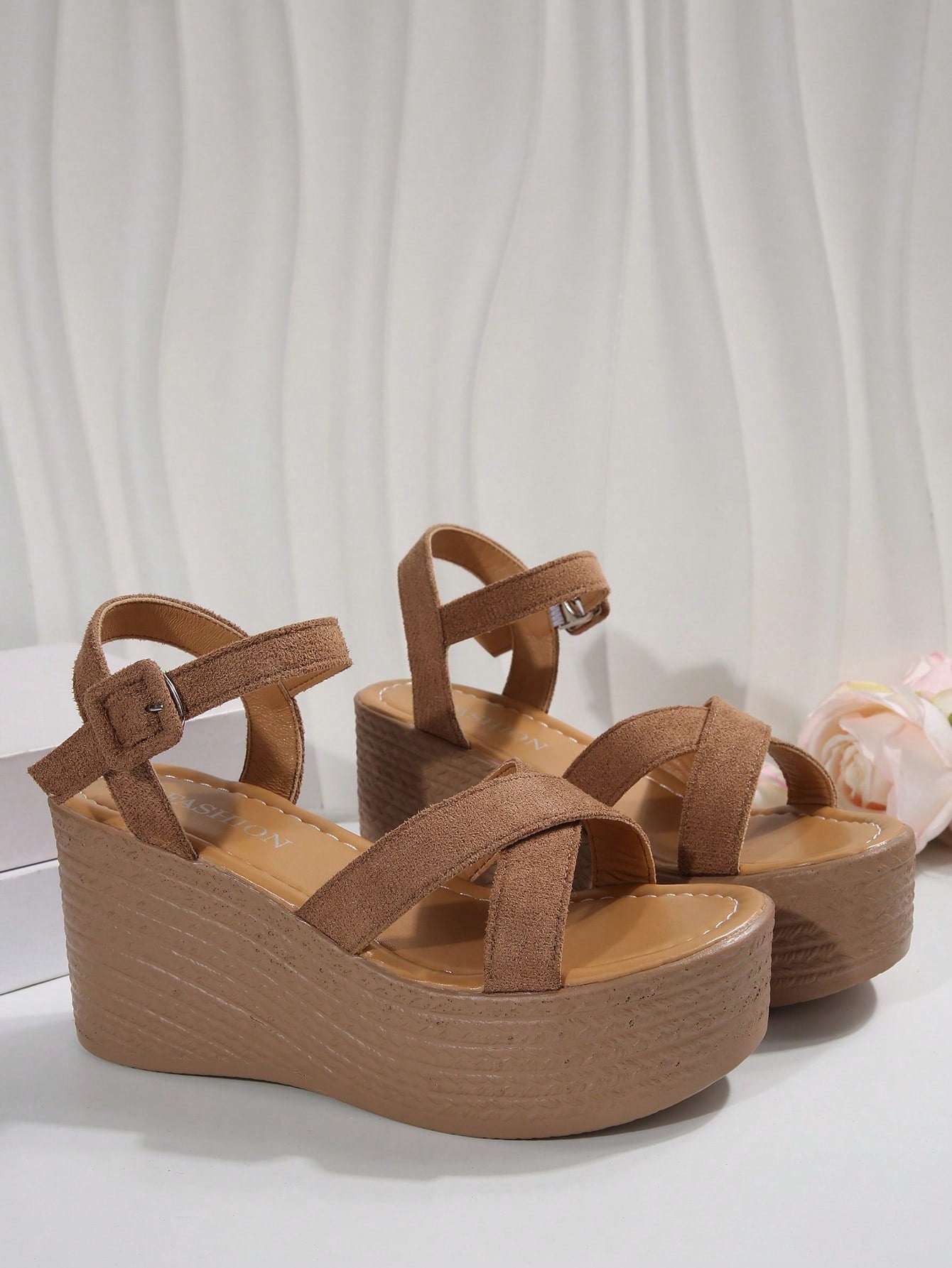 Women's khaki brown platform wedge sandals with open toe, ankle buckle strap, and high heel slope
