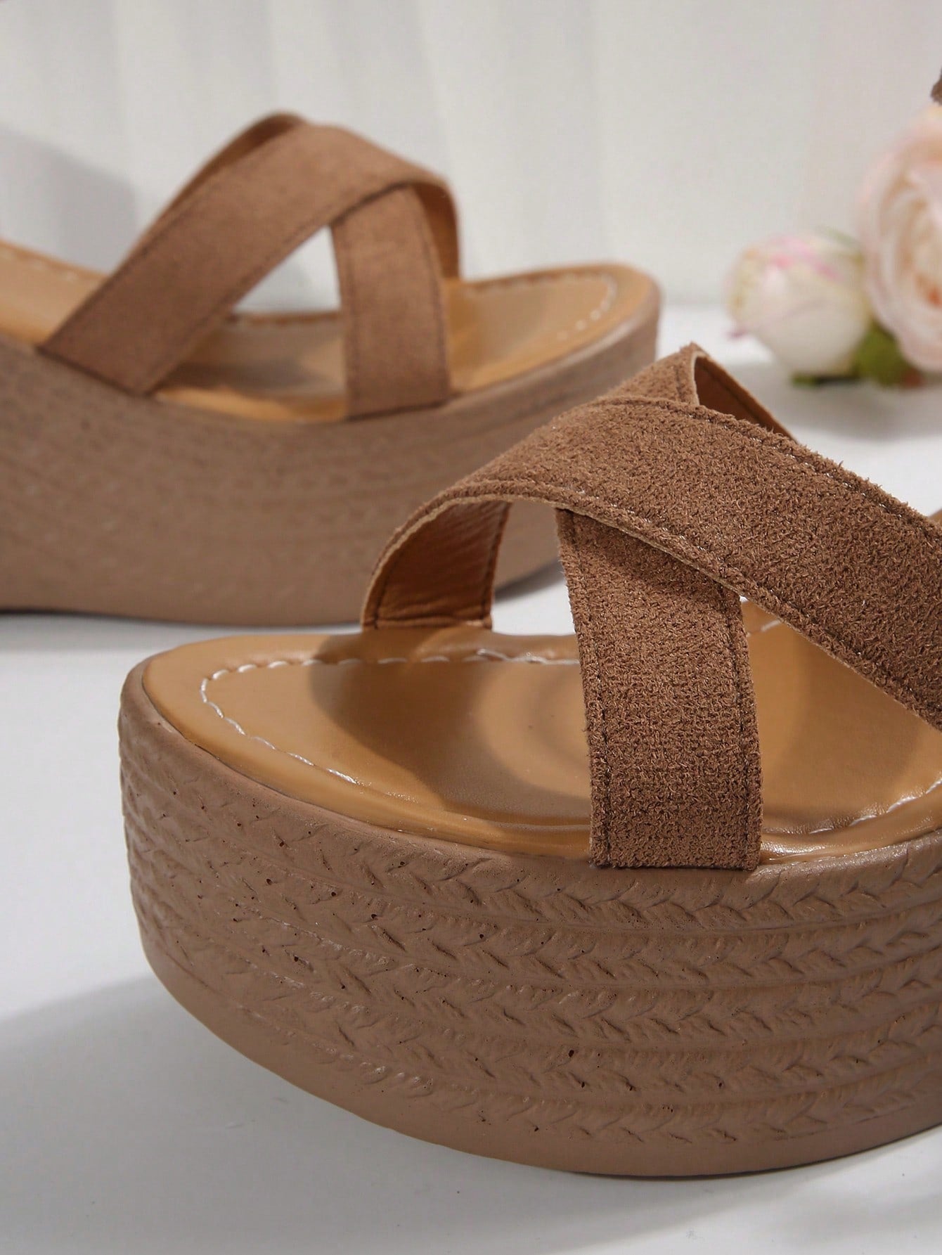 Women's khaki brown platform wedge sandals with open toe, ankle buckle strap, and high heel slope