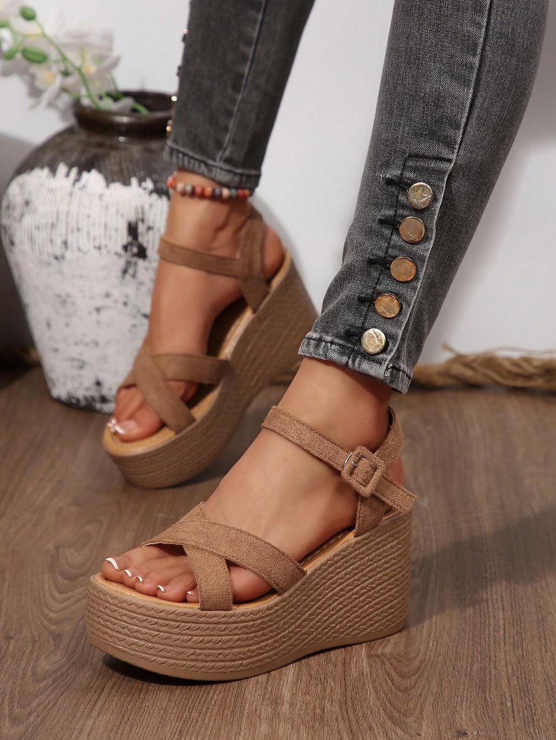 Women's khaki brown platform wedge sandals with open toe, ankle buckle strap, and high heel slope