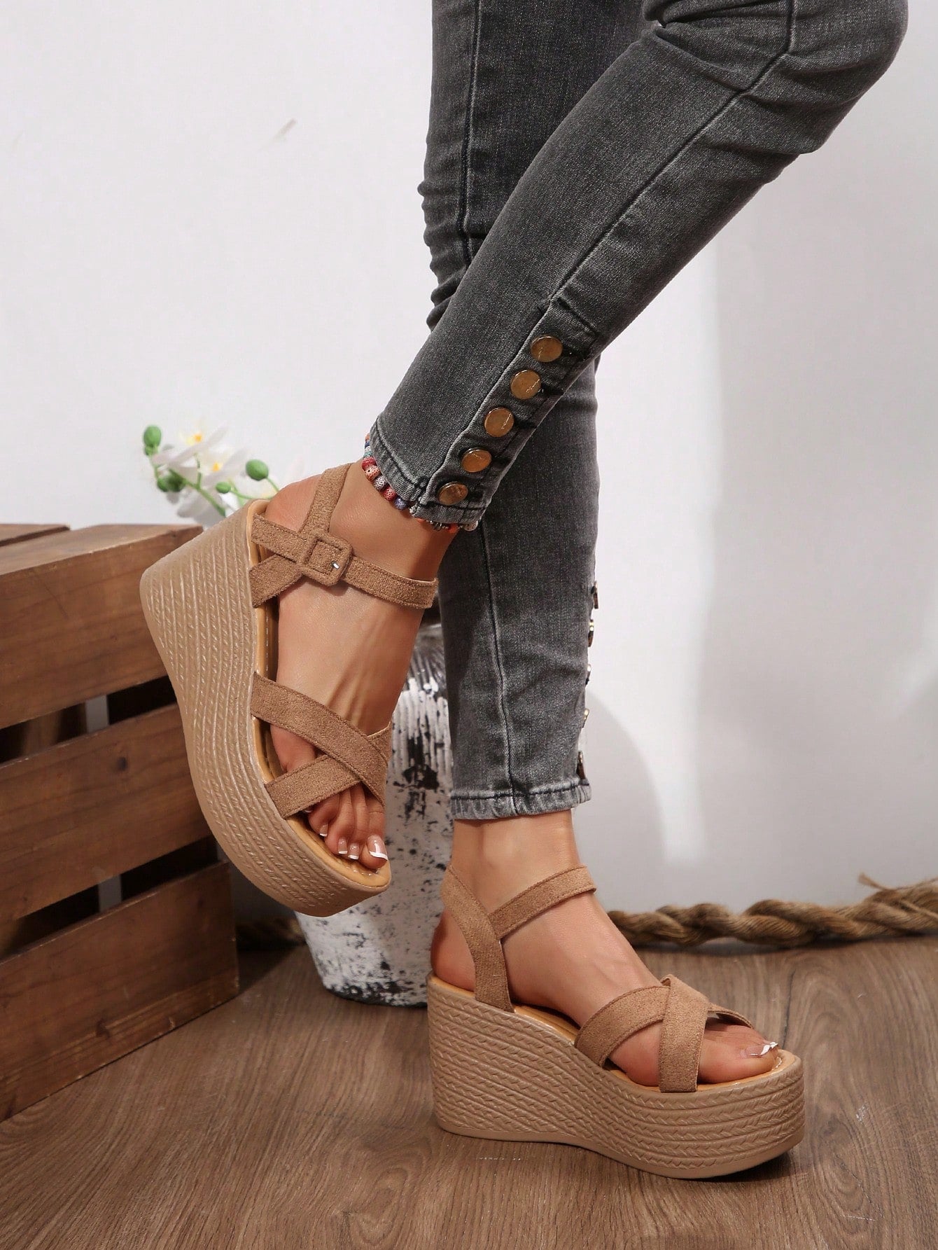 Women's khaki brown platform wedge sandals with open toe, ankle buckle strap, and high heel slope