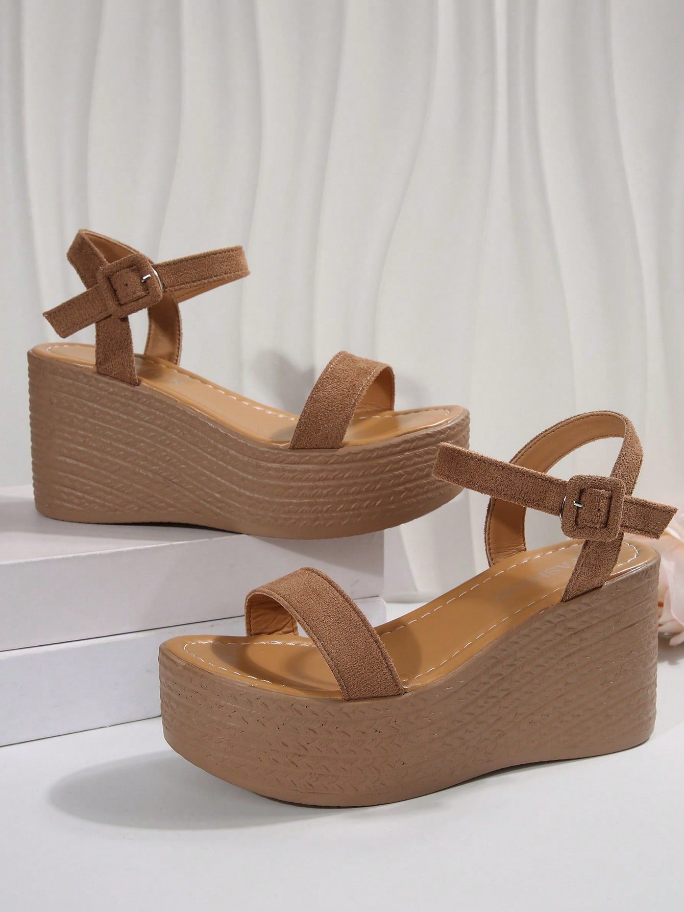 Women's khaki brown platform wedge sandals with open toe, ankle buckle strap, and high heel slope