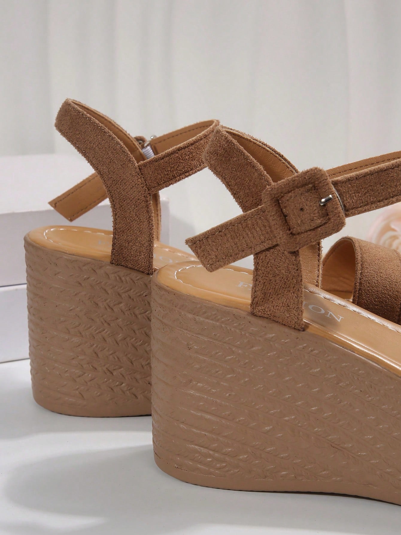 Women's khaki brown platform wedge sandals with open toe, ankle buckle strap, and high heel slope