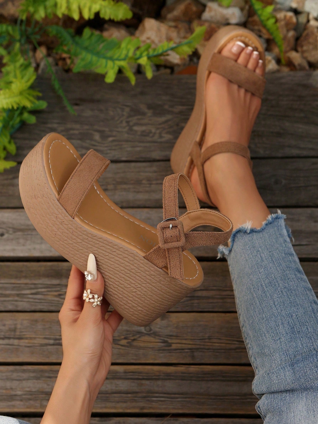 Women's khaki brown platform wedge sandals with open toe, ankle buckle strap, and high heel slope