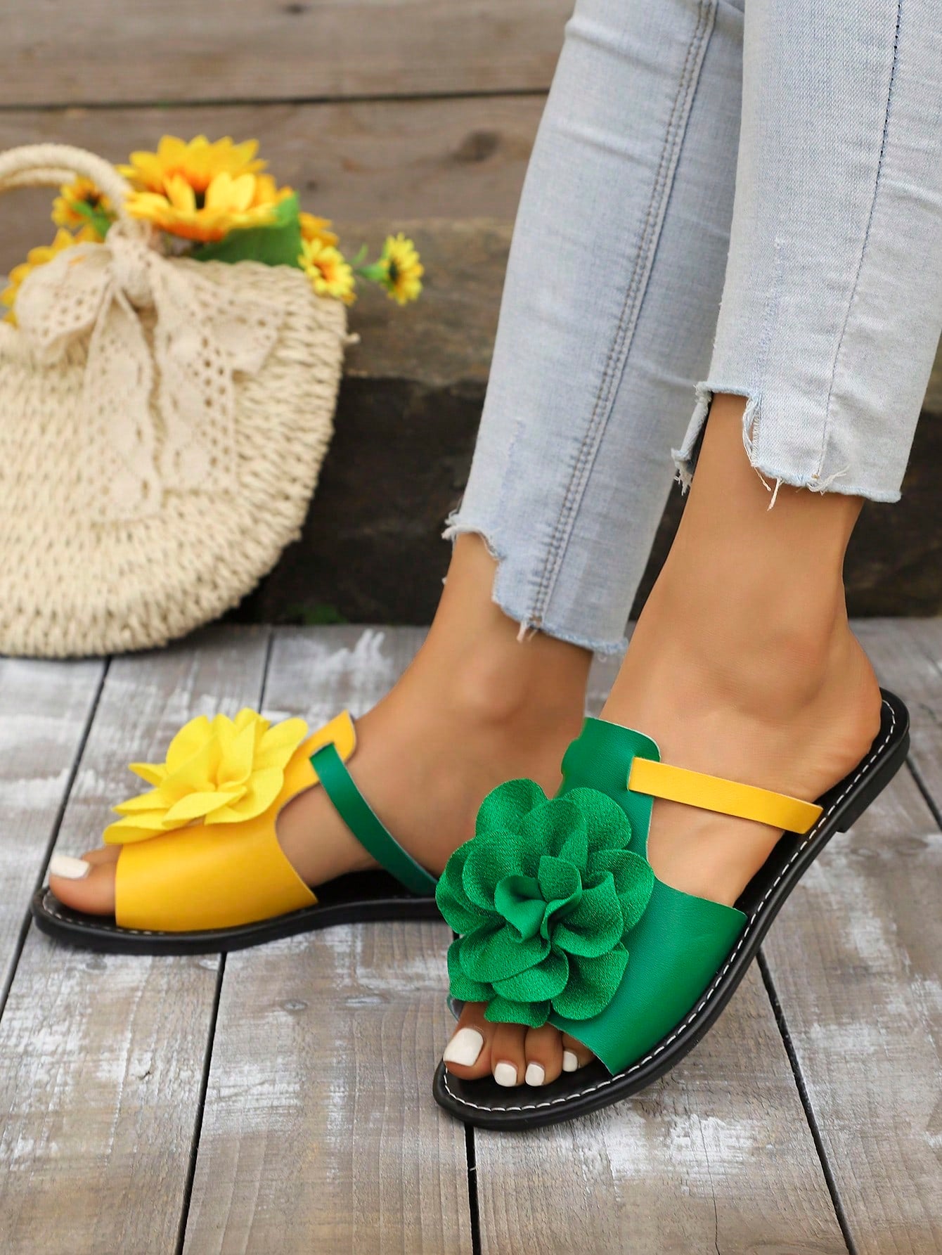 Women's multicolor peep toe flat slide sandals with floral appliques, open toe design, and plant pattern details for beach and casual wear.