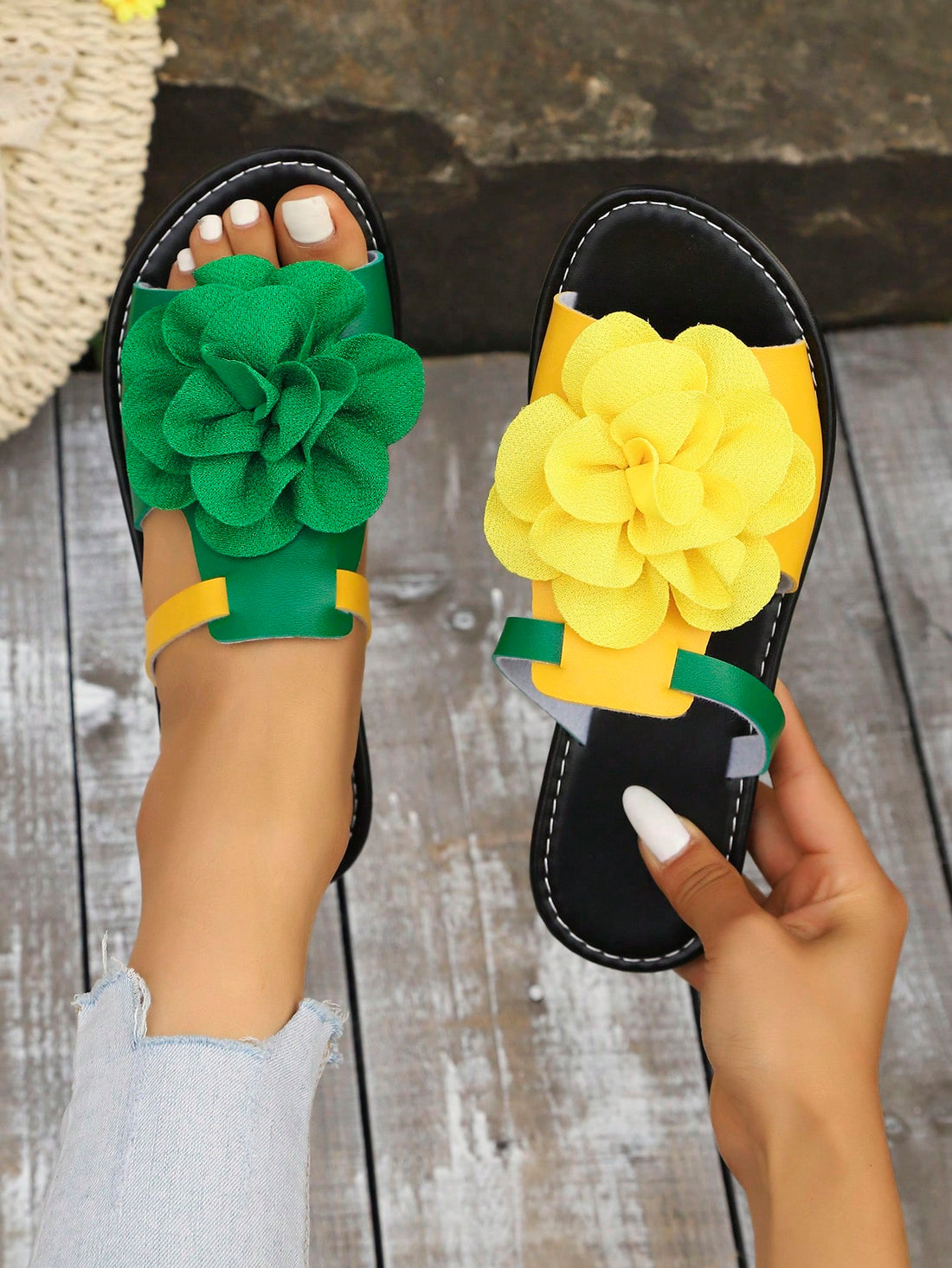Women's multicolor peep toe flat slide sandals with floral appliques, open toe design, and plant pattern details for beach and casual wear.