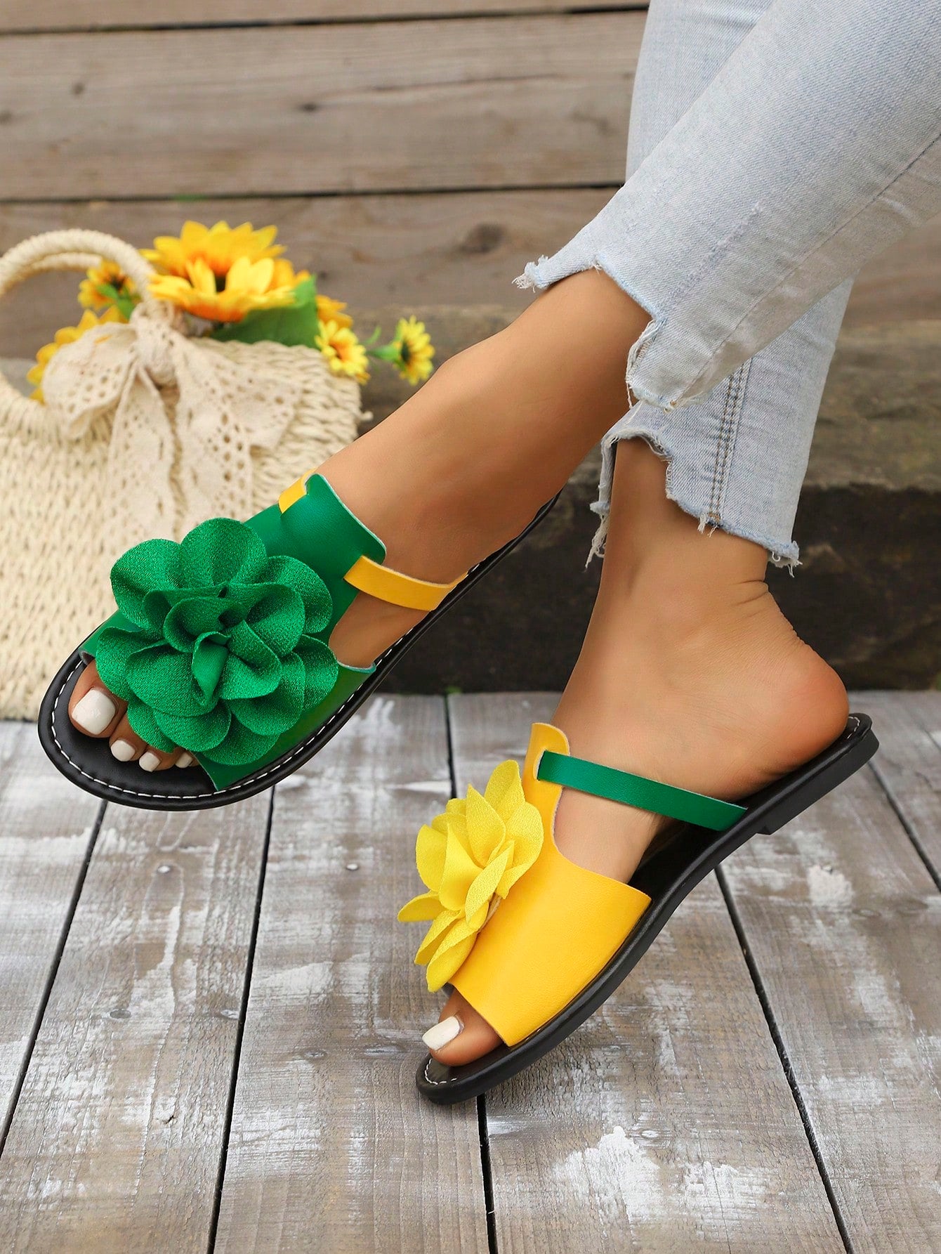 Women's multicolor peep toe flat slide sandals with floral appliques, open toe design, and plant pattern details for beach and casual wear.
