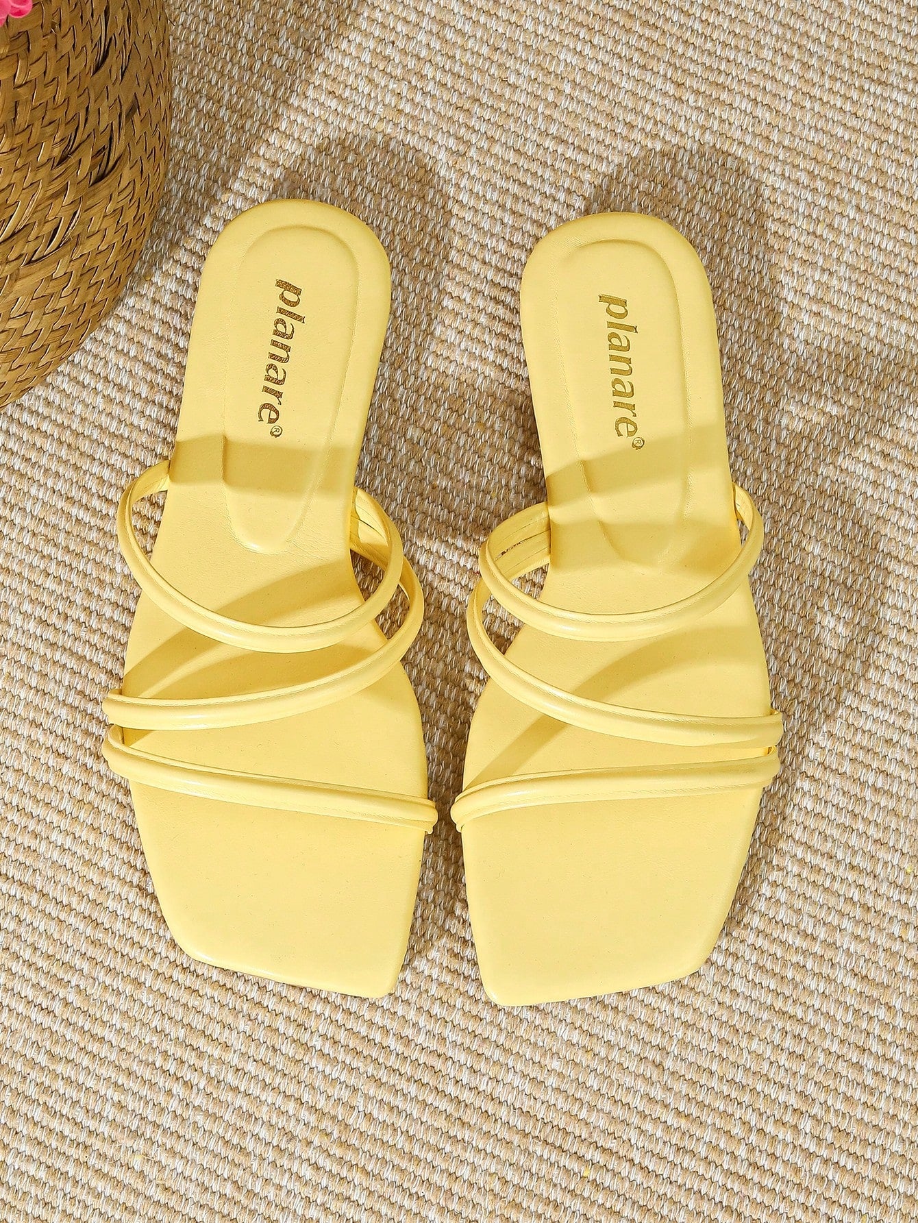 Women's striped flat slingback sandals with a square open toe, slip-on style, and rhinestone detail.