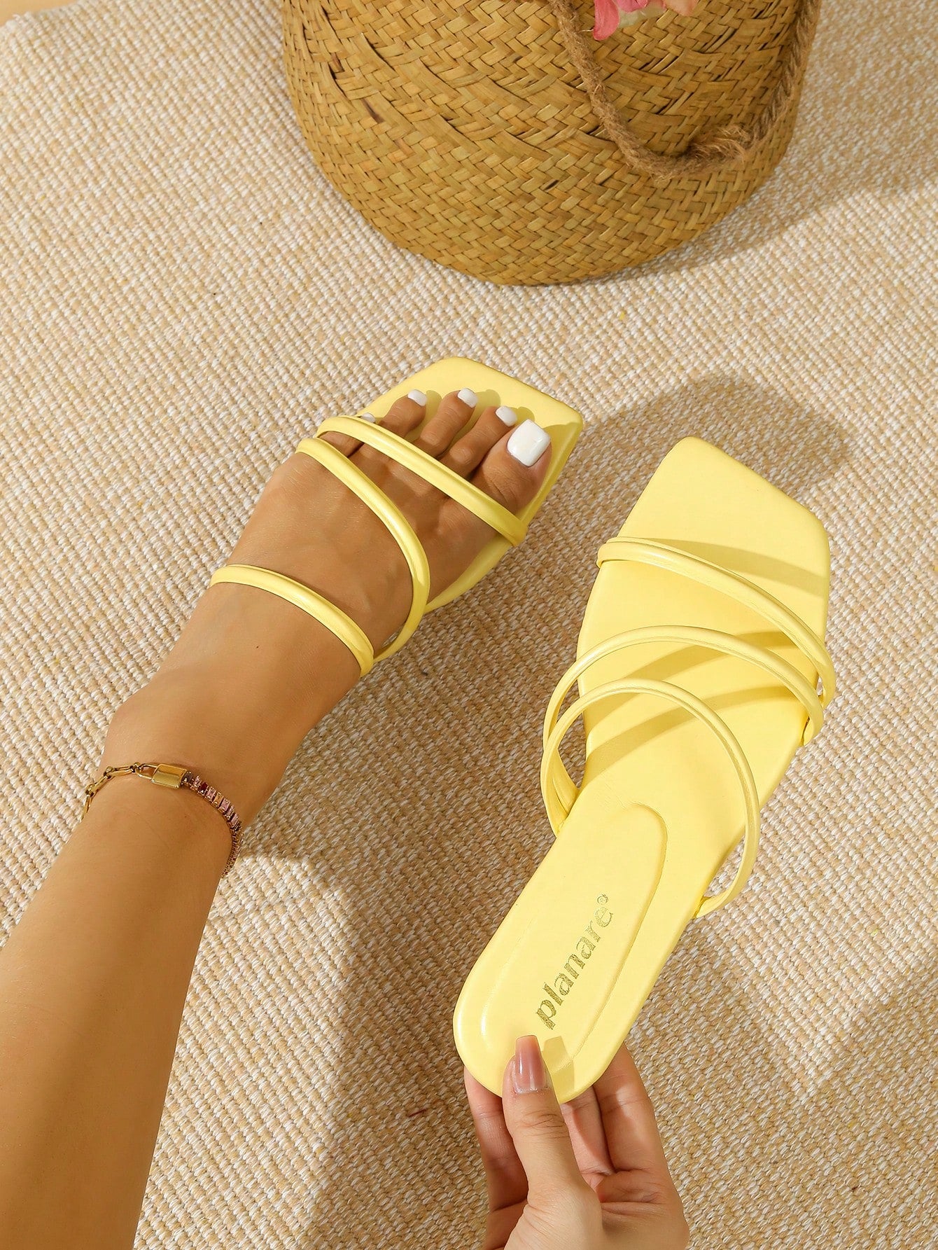 Women's striped flat slingback sandals with a square open toe, slip-on style, and rhinestone detail.