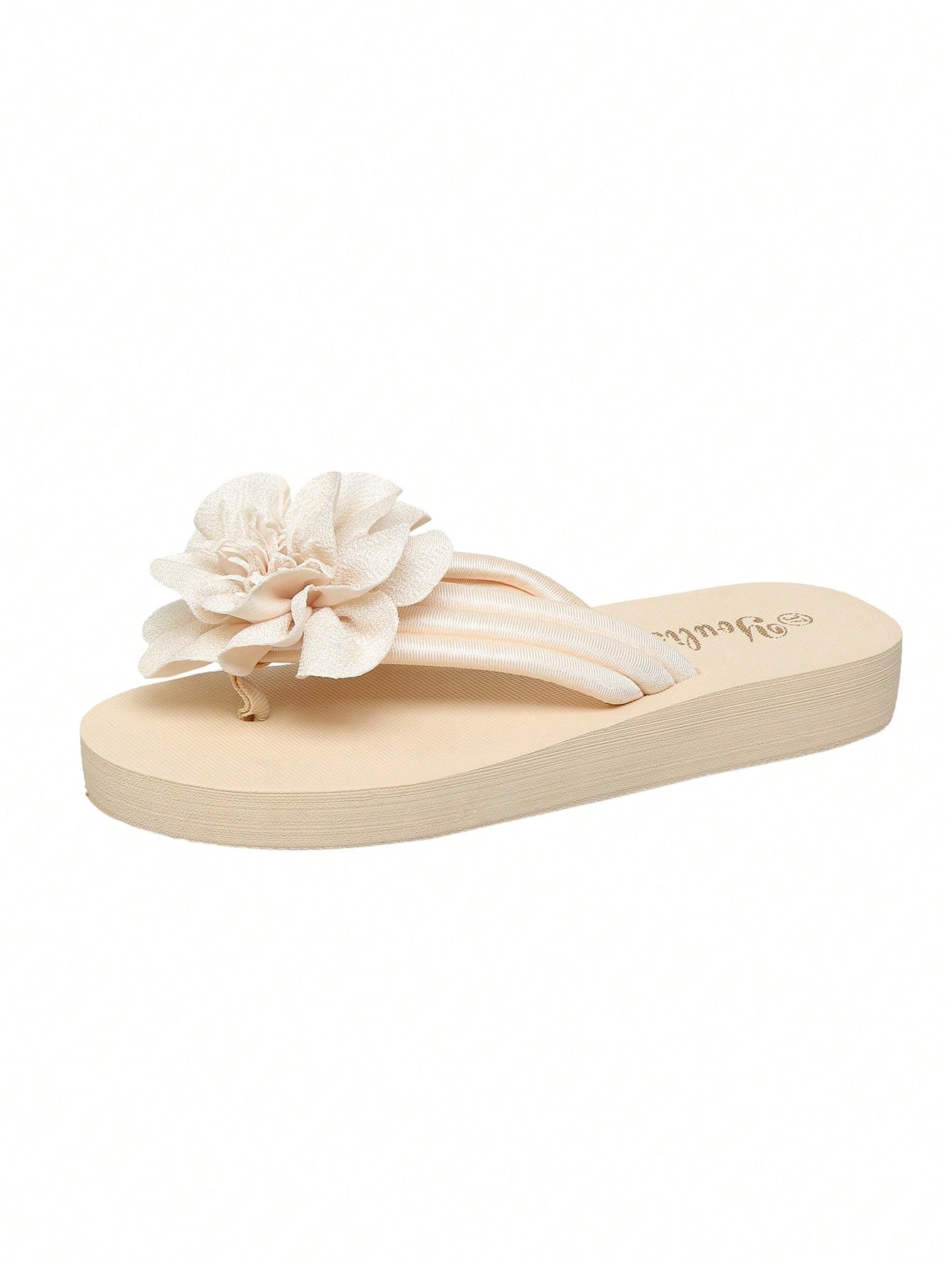 Women's plus size wide fit flip flop sandals with handmade flower appliqué detail, thick flat sole, and anti-slip outsole in beige.