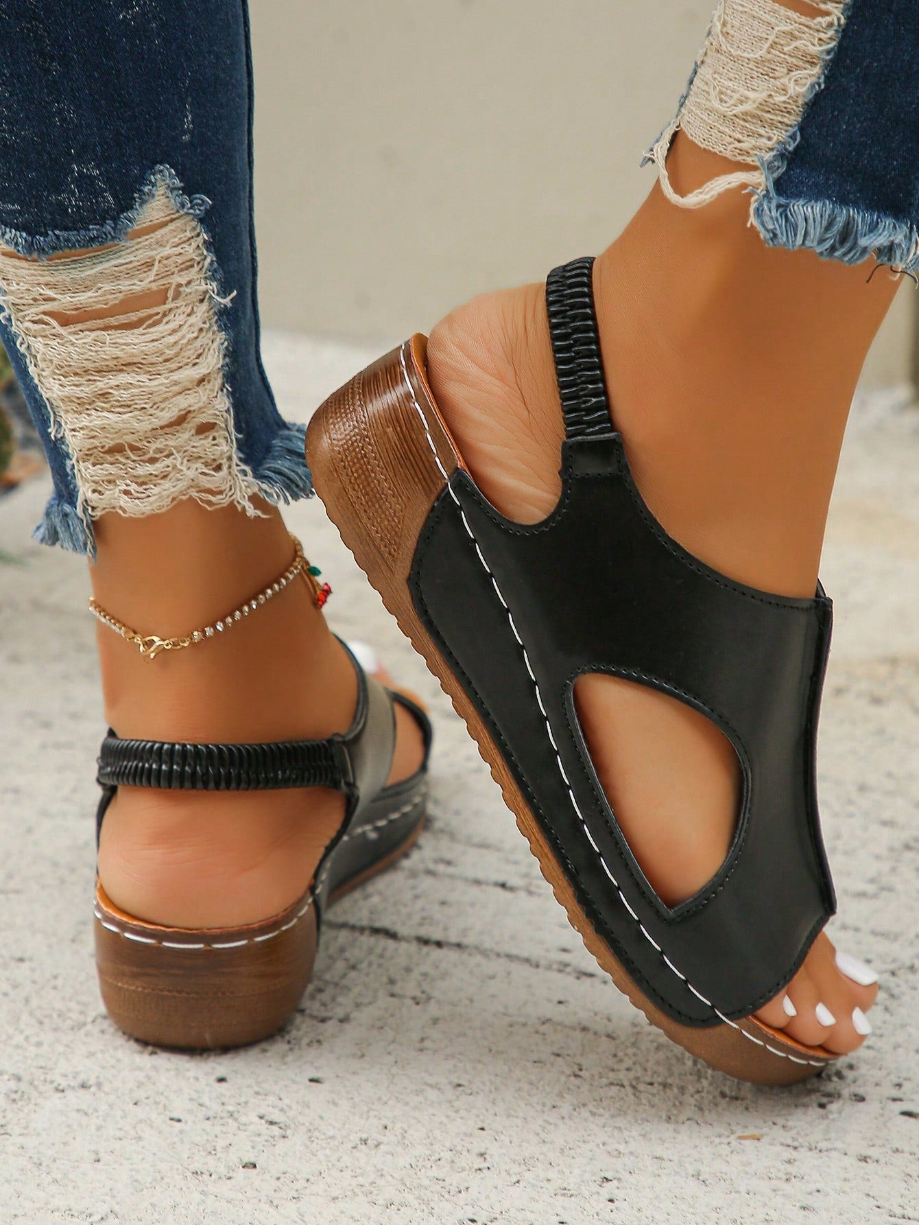 Women’s white PU platform wedge sandals with slip-on design, slingback strap, open round toe, and cut-out details, suitable for beach and vacation wear.