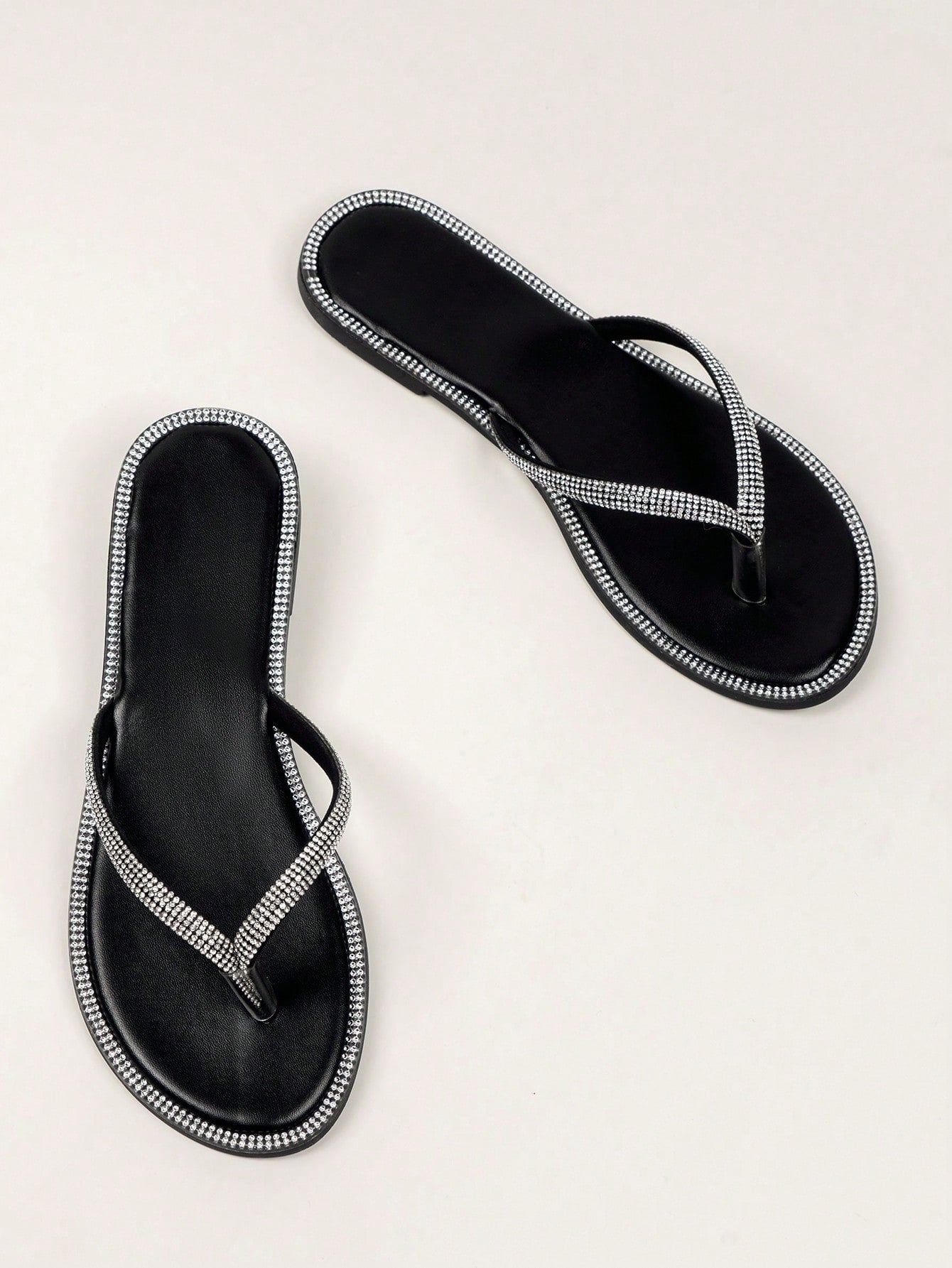 Women's rhinestone-decorated toe-post flat slide sandals for beach, vacation, and casual outdoor wear