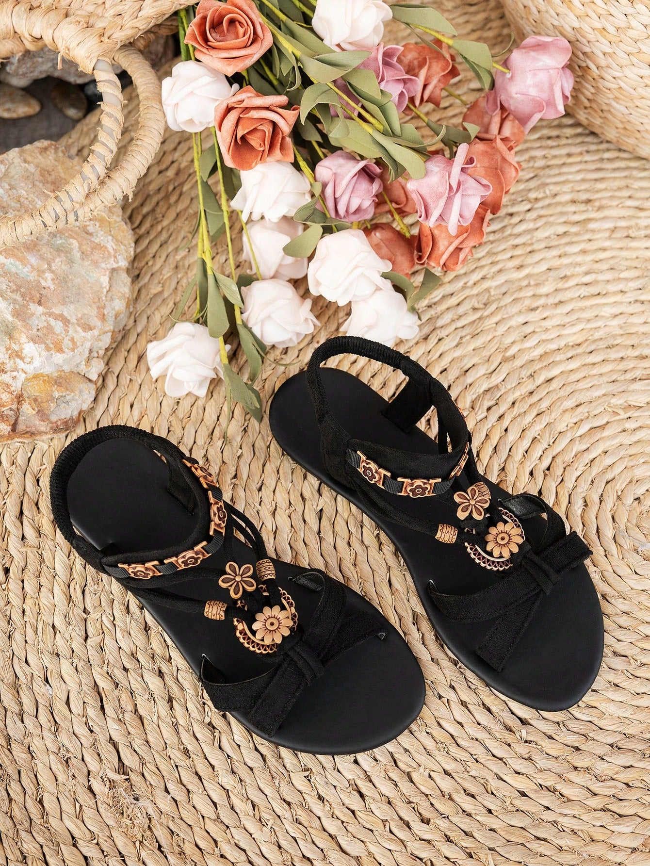 Women's bohemian flat slingback sandals with beaded detailing and open-toe design, featuring a fabric upper, PU leather lining and insole, and TPR outsole.