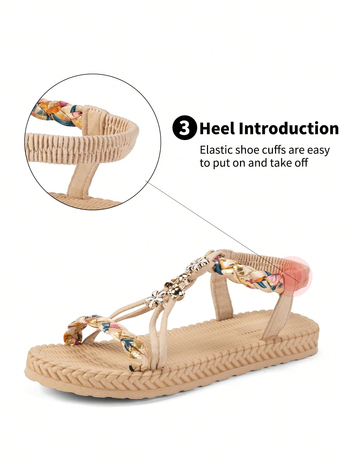 Women's woven flat slip-on sandals with beaded detail, open toe design, and multicolor tropical colorblock printed pattern for beach and summer wear.