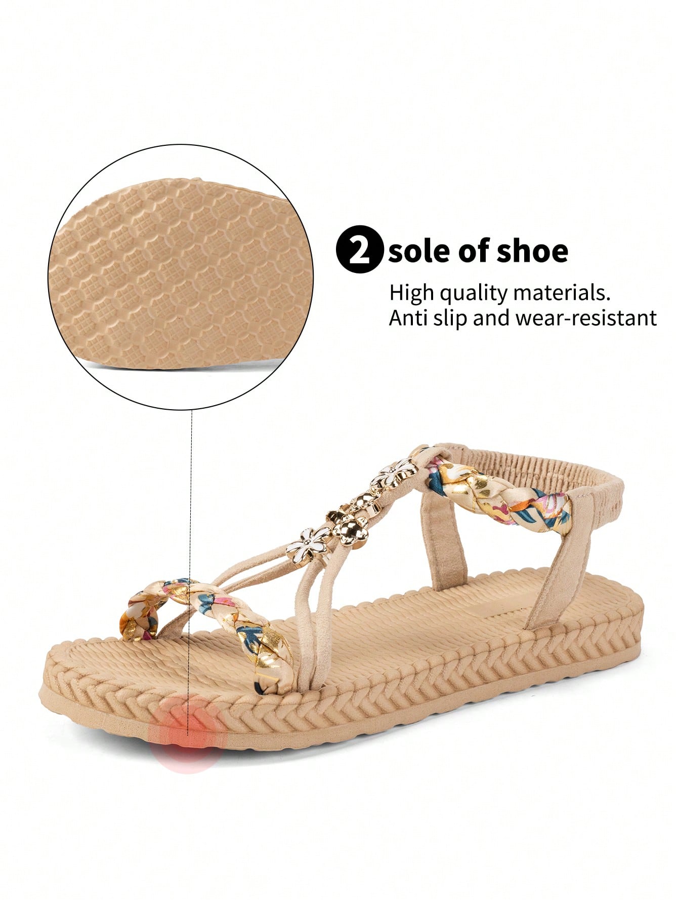 Women's woven flat slip-on sandals with beaded detail, open toe design, and multicolor tropical colorblock printed pattern for beach and summer wear.