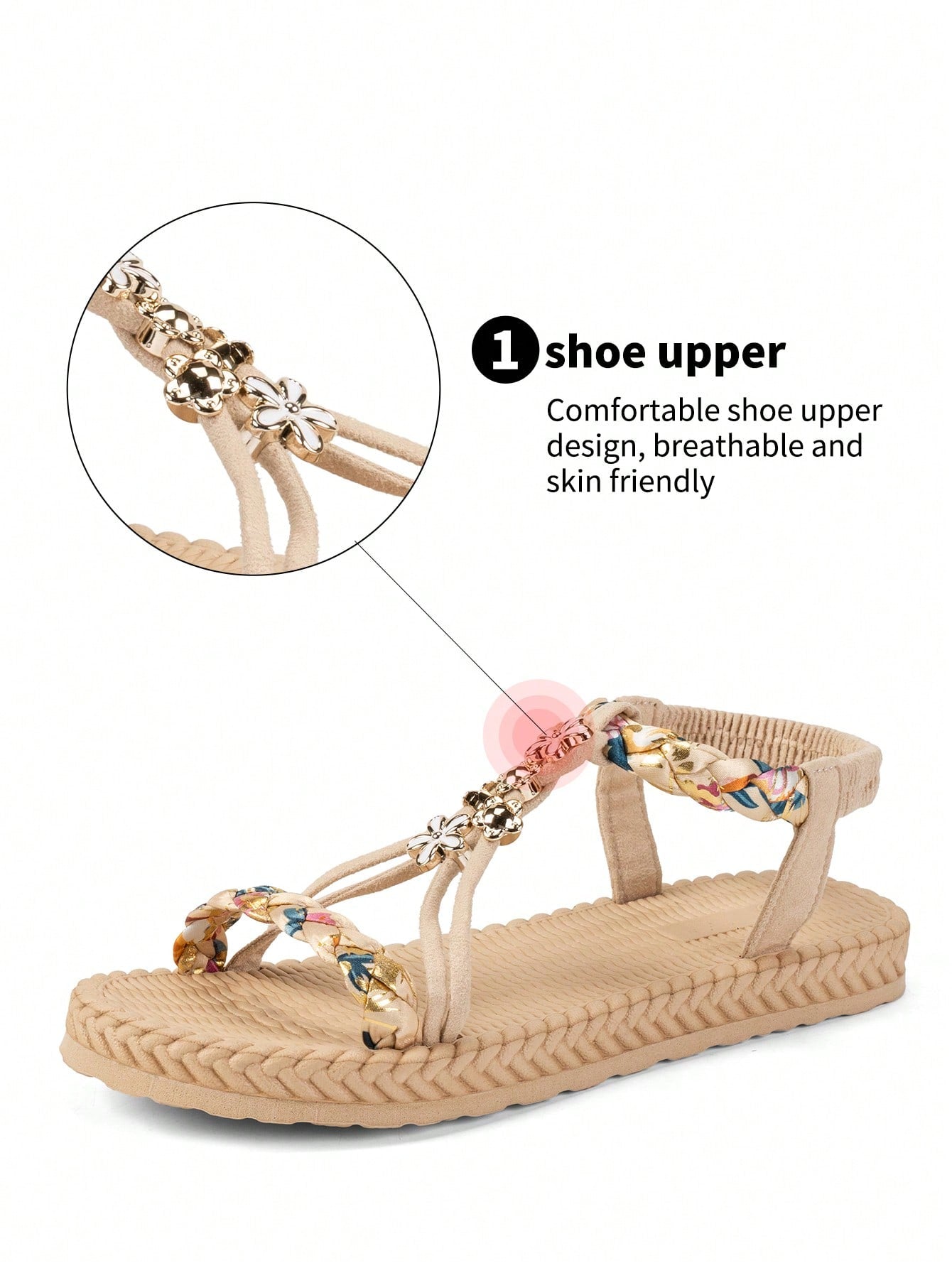 Women's woven flat slip-on sandals with beaded detail, open toe design, and multicolor tropical colorblock printed pattern for beach and summer wear.