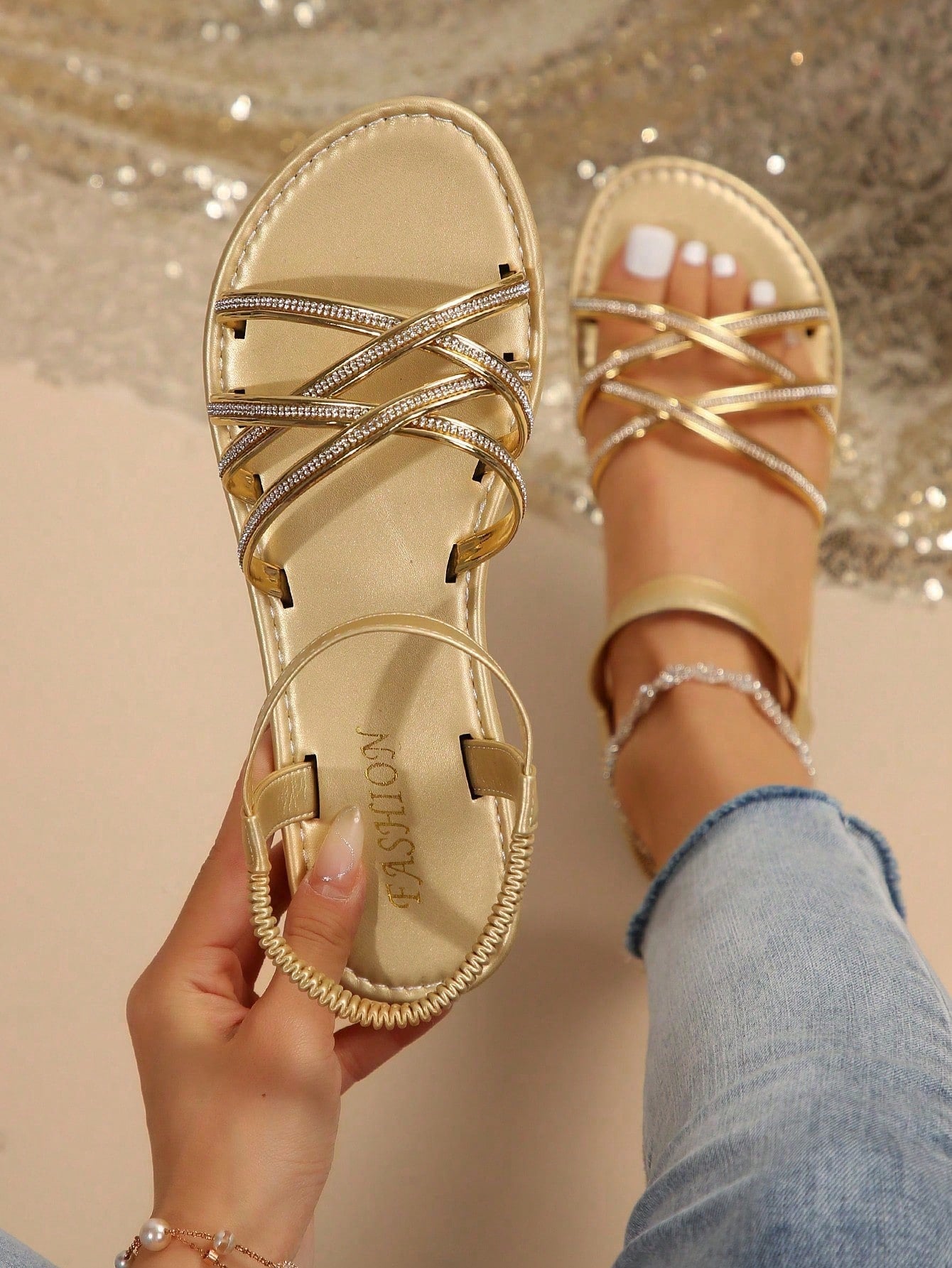 Plus size women's flat slide sandals with criss-cross straps, open toe, elastic band, and rhinestone detail, suitable for casual beach, vacation, and summer outdoor wear.