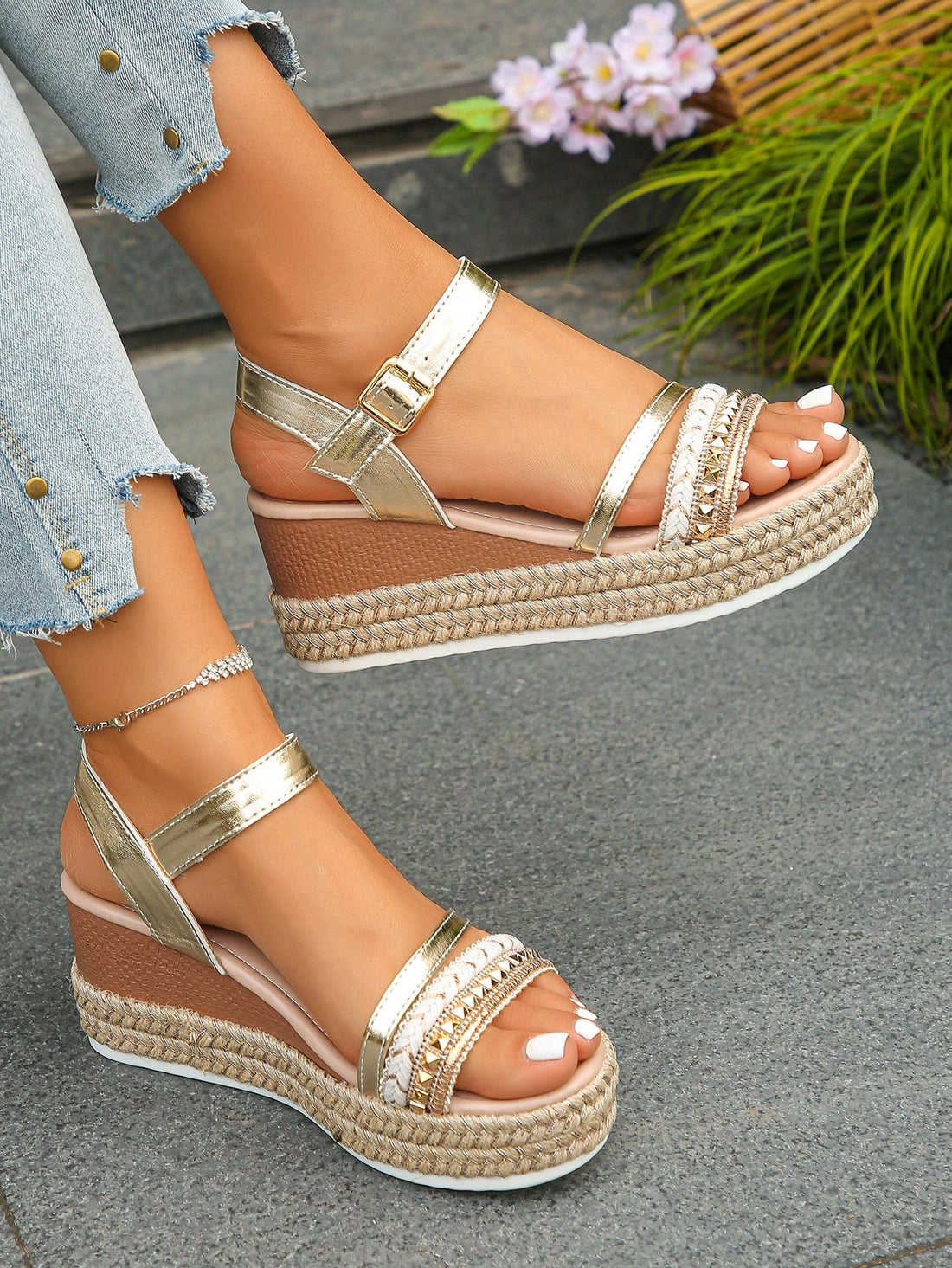 Plus size women's gold platform wedge sandals with open toe, ankle strap buckle, woven upper detail, and mid heel.
