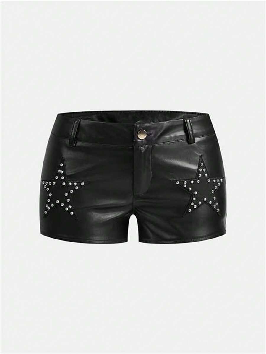 Women's Y2K low rise PU leather hot pants with star rivet details, zipper fly, button closure, and mini skinny fit