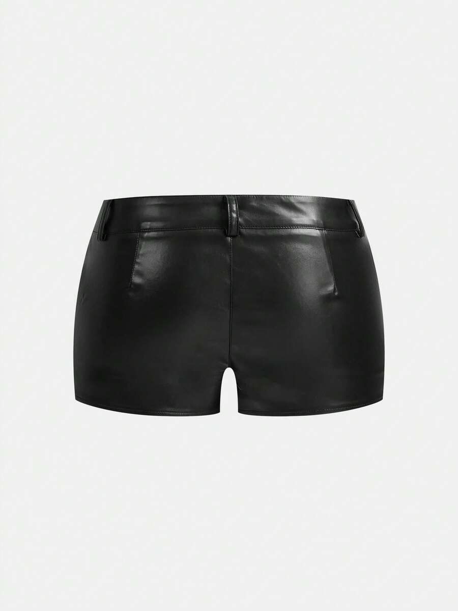 Women's Y2K low rise PU leather hot pants with star rivet details, zipper fly, button closure, and mini skinny fit
