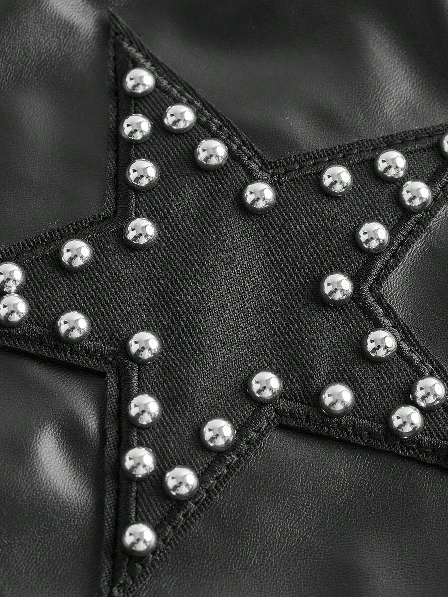 Women's Y2K low rise PU leather hot pants with star rivet details, zipper fly, button closure, and mini skinny fit
