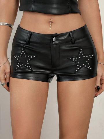 Women's Y2K low rise PU leather hot pants with star rivet details, zipper fly, button closure, and mini skinny fit