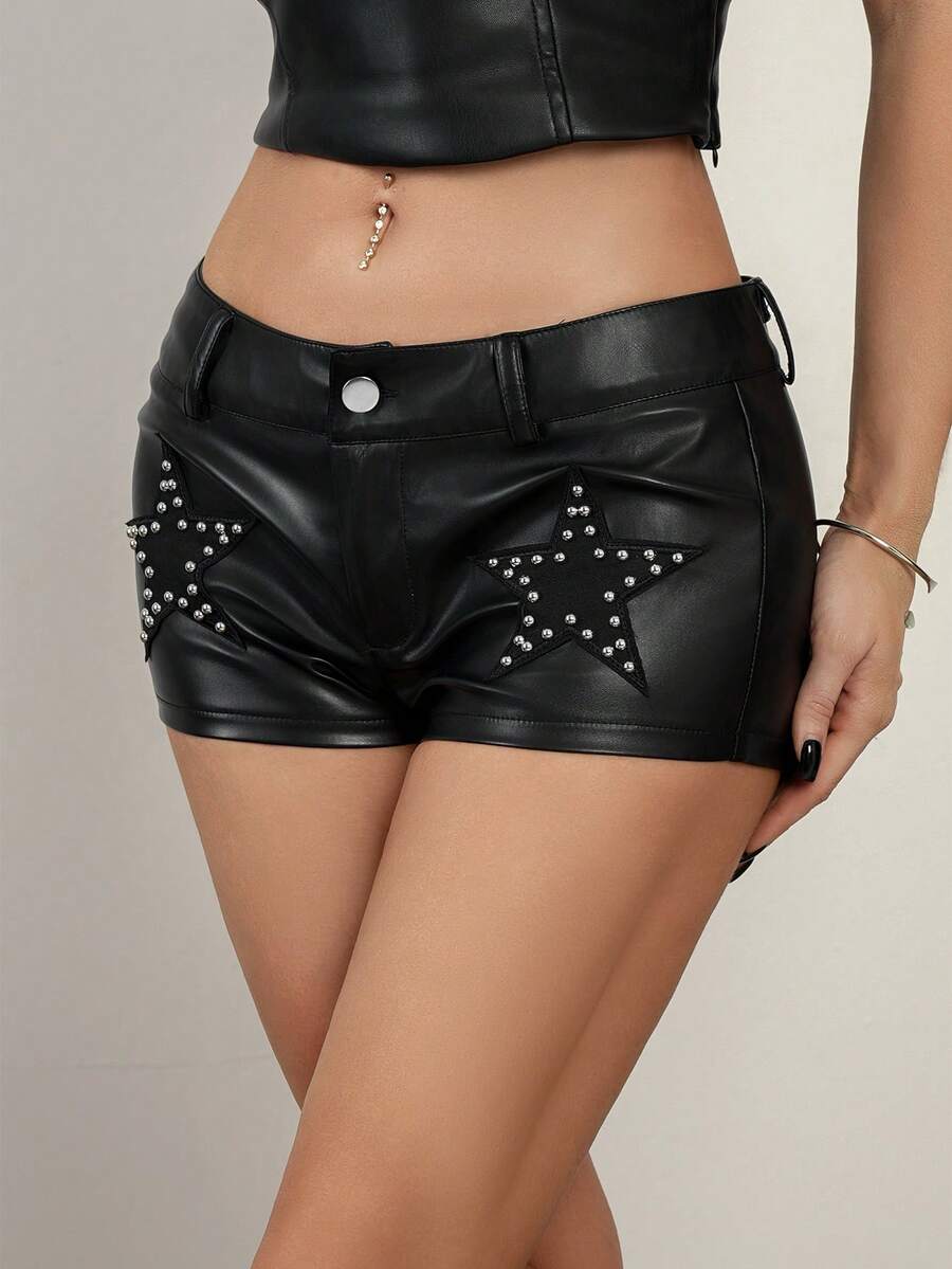 Women's Y2K low rise PU leather hot pants with star rivet details, zipper fly, button closure, and mini skinny fit