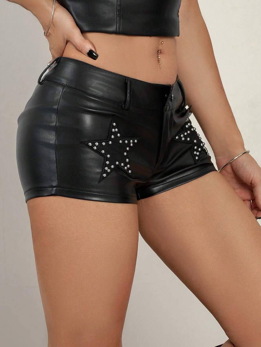 Women's Y2K low rise PU leather hot pants with star rivet details, zipper fly, button closure, and mini skinny fit