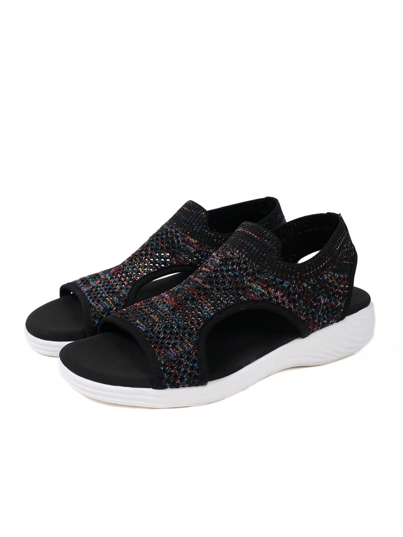 Plus size women's slip-on wedge slide sandals with open toe, low platform heel, and breathable cutout fabric upper, shown as a casual outdoor style sandal.