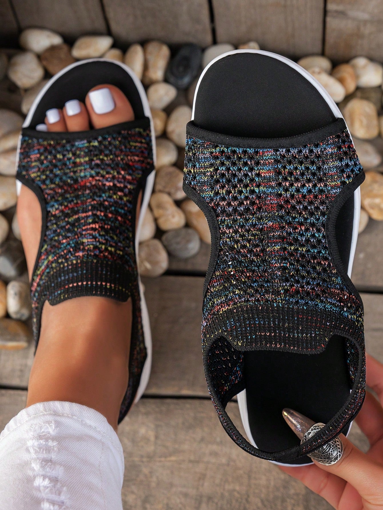 Plus size women's slip-on wedge slide sandals with open toe, low platform heel, and breathable cutout fabric upper, shown as a casual outdoor style sandal.