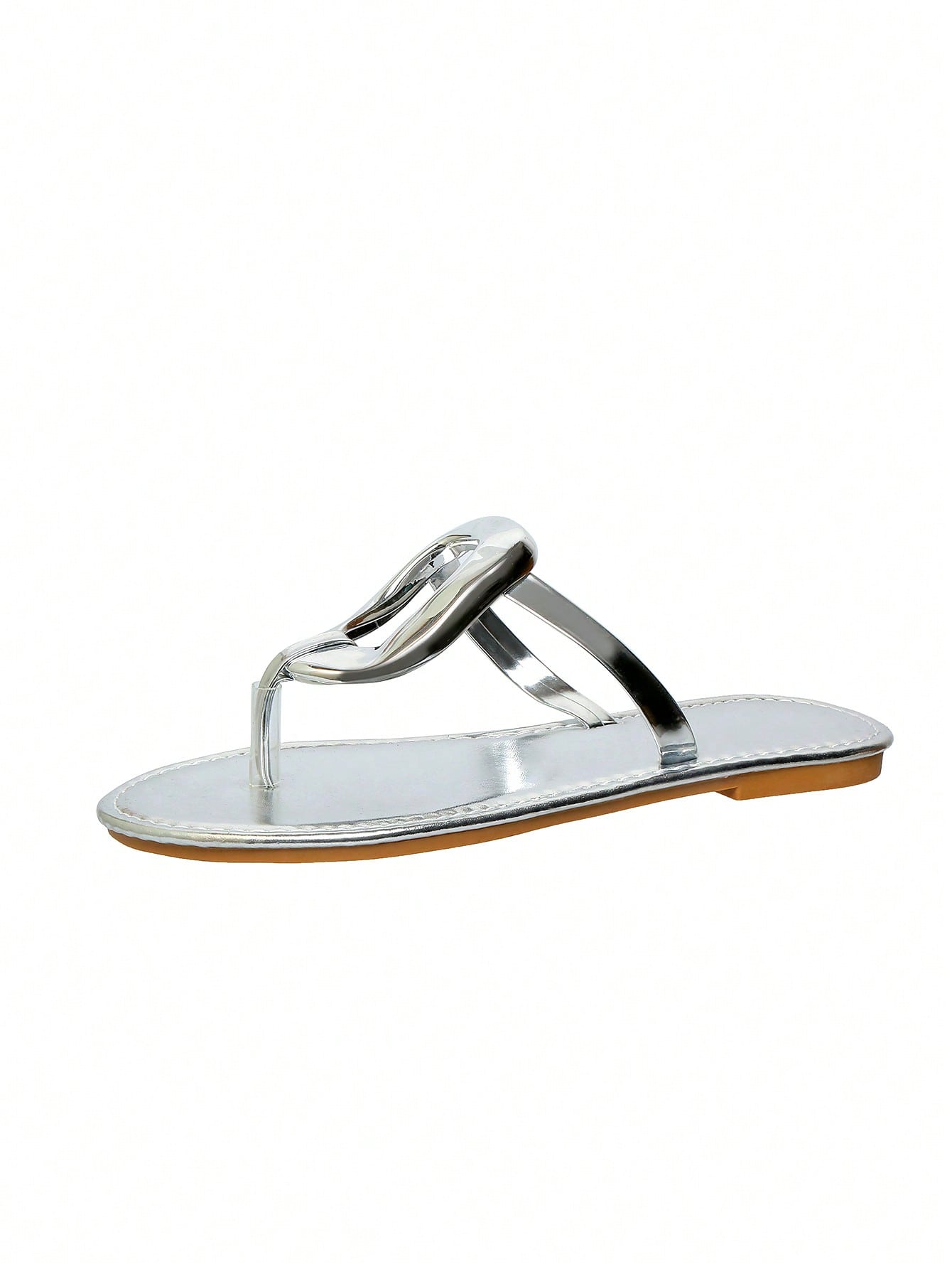Women’s gold flat slide sandals with open toe post design and metal buckle detail, shown as fashionable outdoor summer footwear.