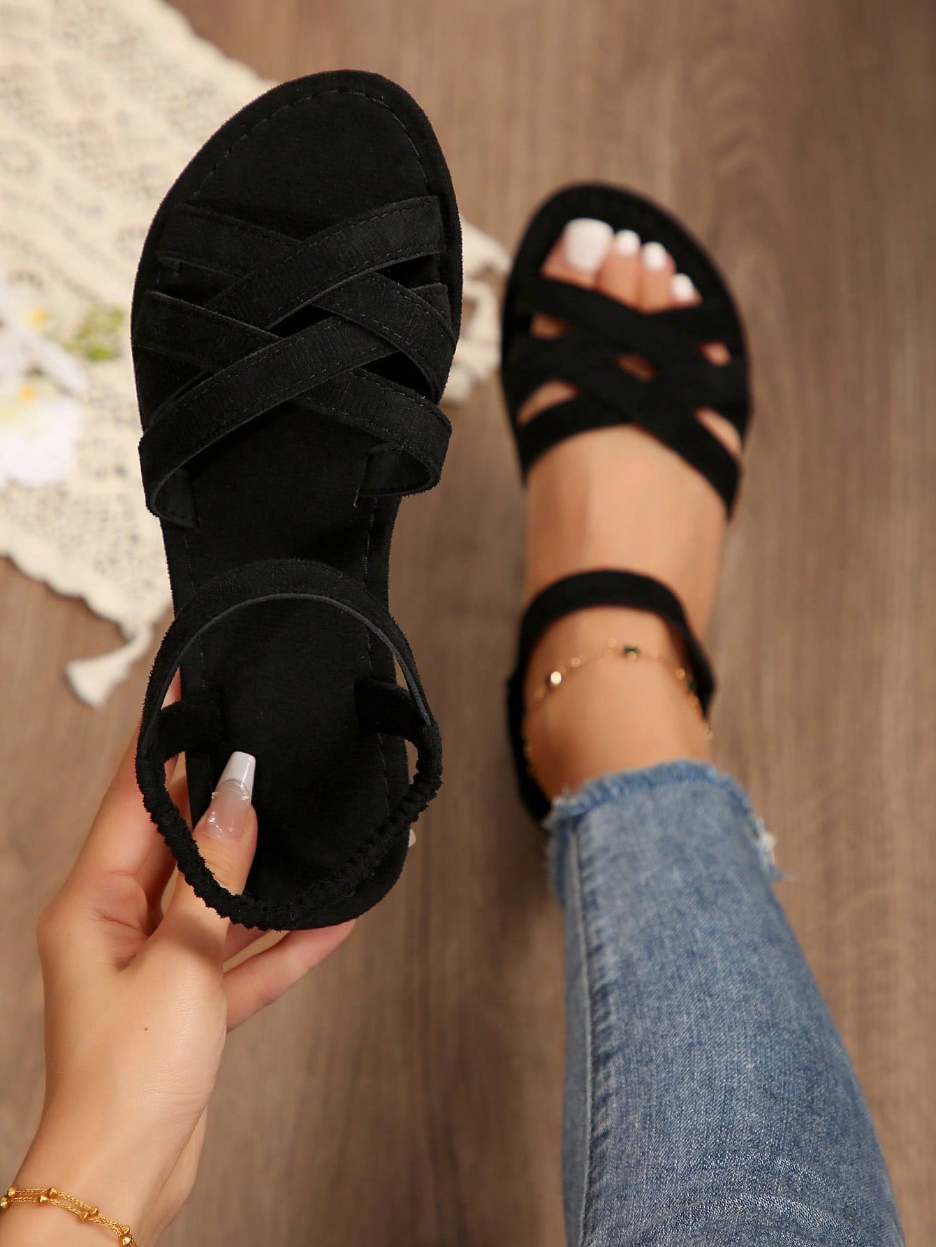 Women's flat thick sole gladiator sandals with cross adjustable straps and open toe, suitable for casual, vacation, and beach wear.