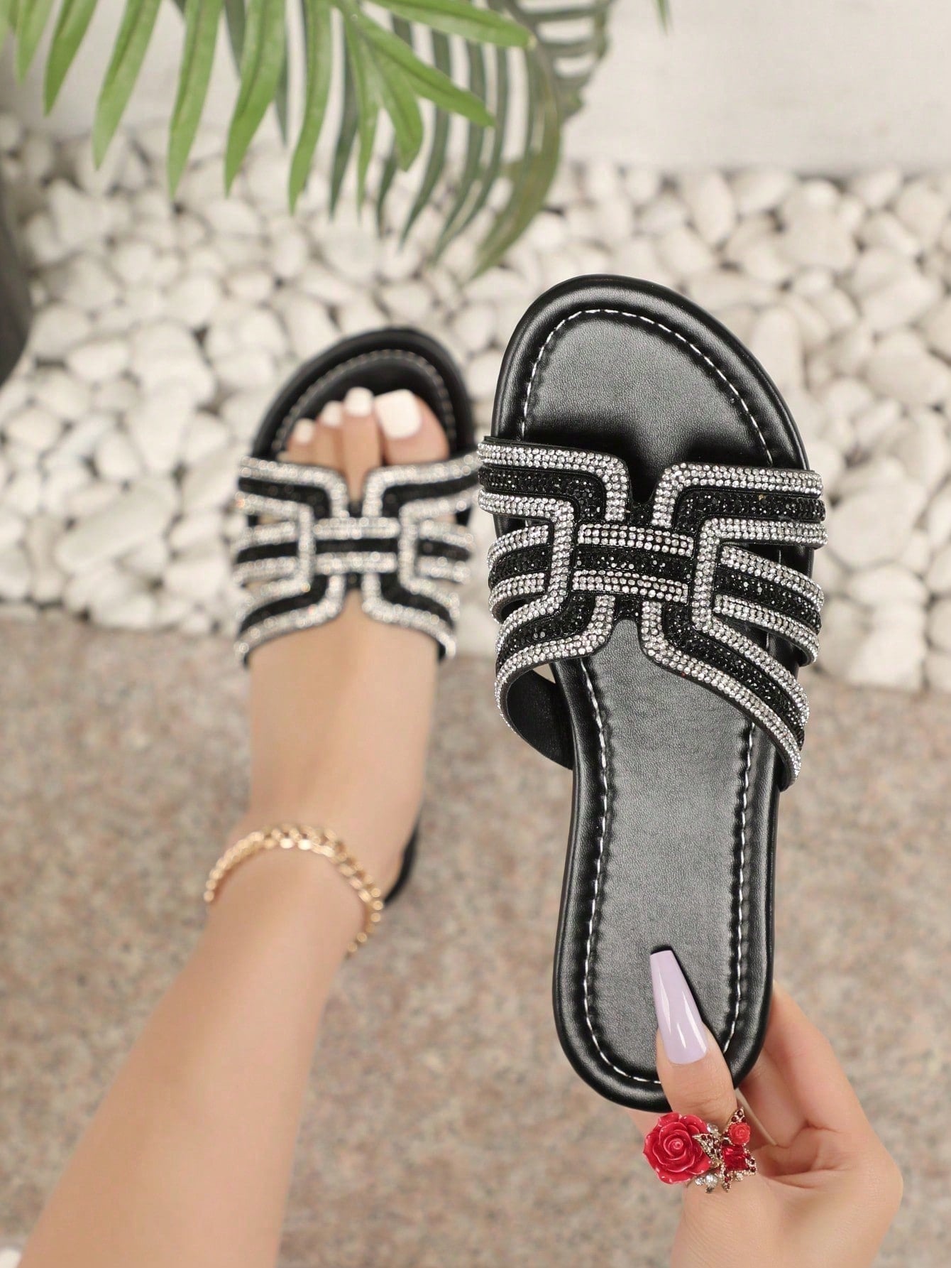 Plus size women’s flat slide sandals with open toe, glitter rhinestone and sequin patchwork detail, and soft non-slip sole for beach and spring/summer wear.