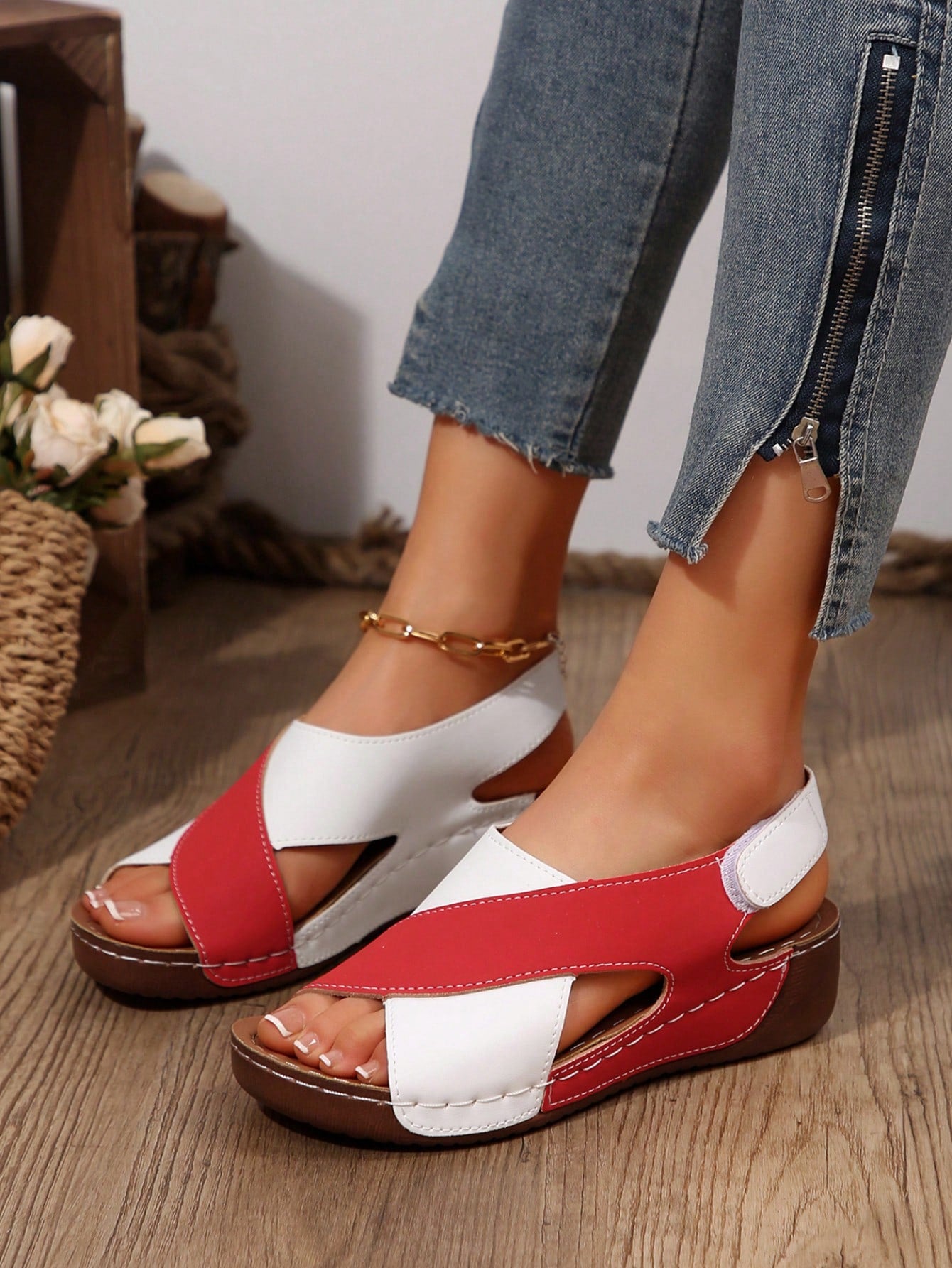 Women's color block platform flat sandals with open toe, criss-cross straps, and hook-loop closure, featuring a low heel thick sole design for casual vacation wear.