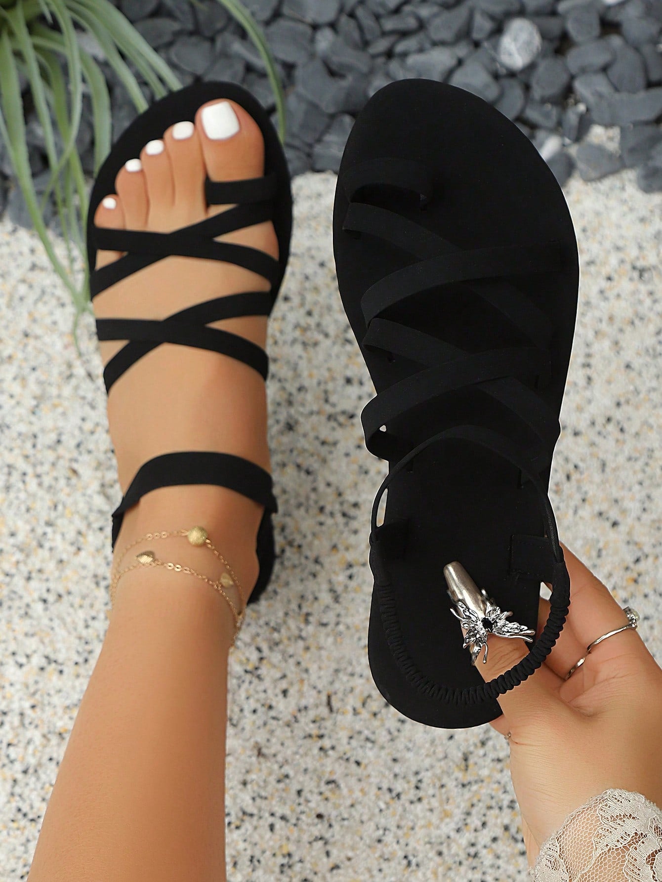Women's flat sandals featuring a solid-color design with criss-cross braided straps and a toe-post slide style, suitable for beach, vacation, and casual wear.